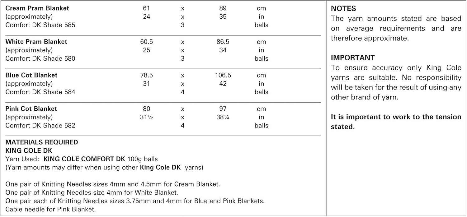 King Cole Double Knitting DK Pattern Baby Picot Edging Pram Blanket & Cable Knit Cot Blanket (3506)