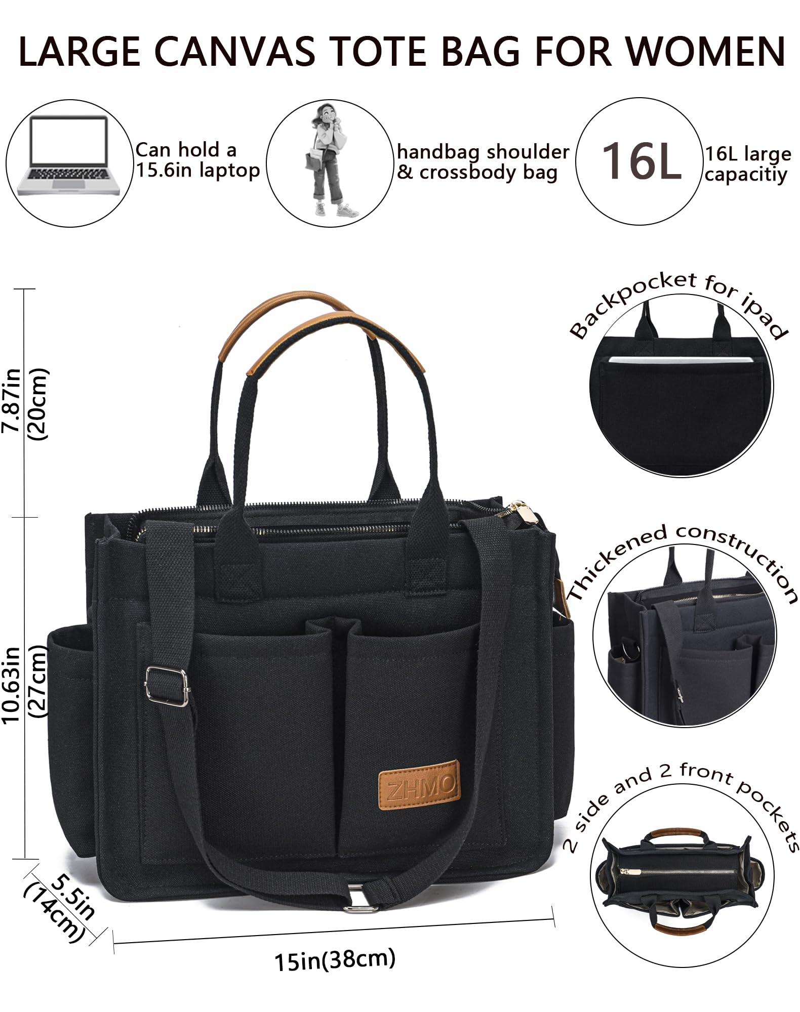 ZHMO Borsa a tracolla in tela con tasche, borsa a tracolla da donna, borsa per computer portatile, borsa a tracolla per scuola, fine settimana, drogheria