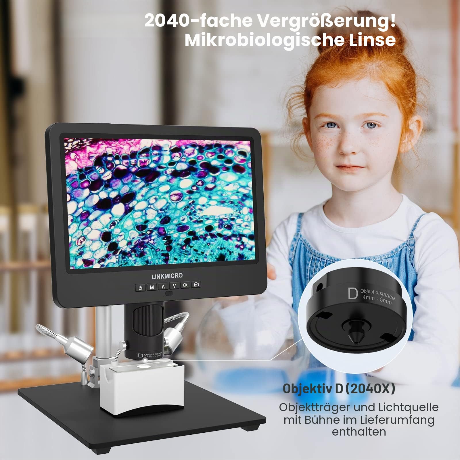 LM249MS 3 Linsen Digital Mikroskop HDMI mit 10" Bildschirm 2000X UHD 2160P 3D LCD digital mikroskop löten mit 13" Metallständer für Erwachsene PCB Reparatur SMD, USB Münzmikrosk