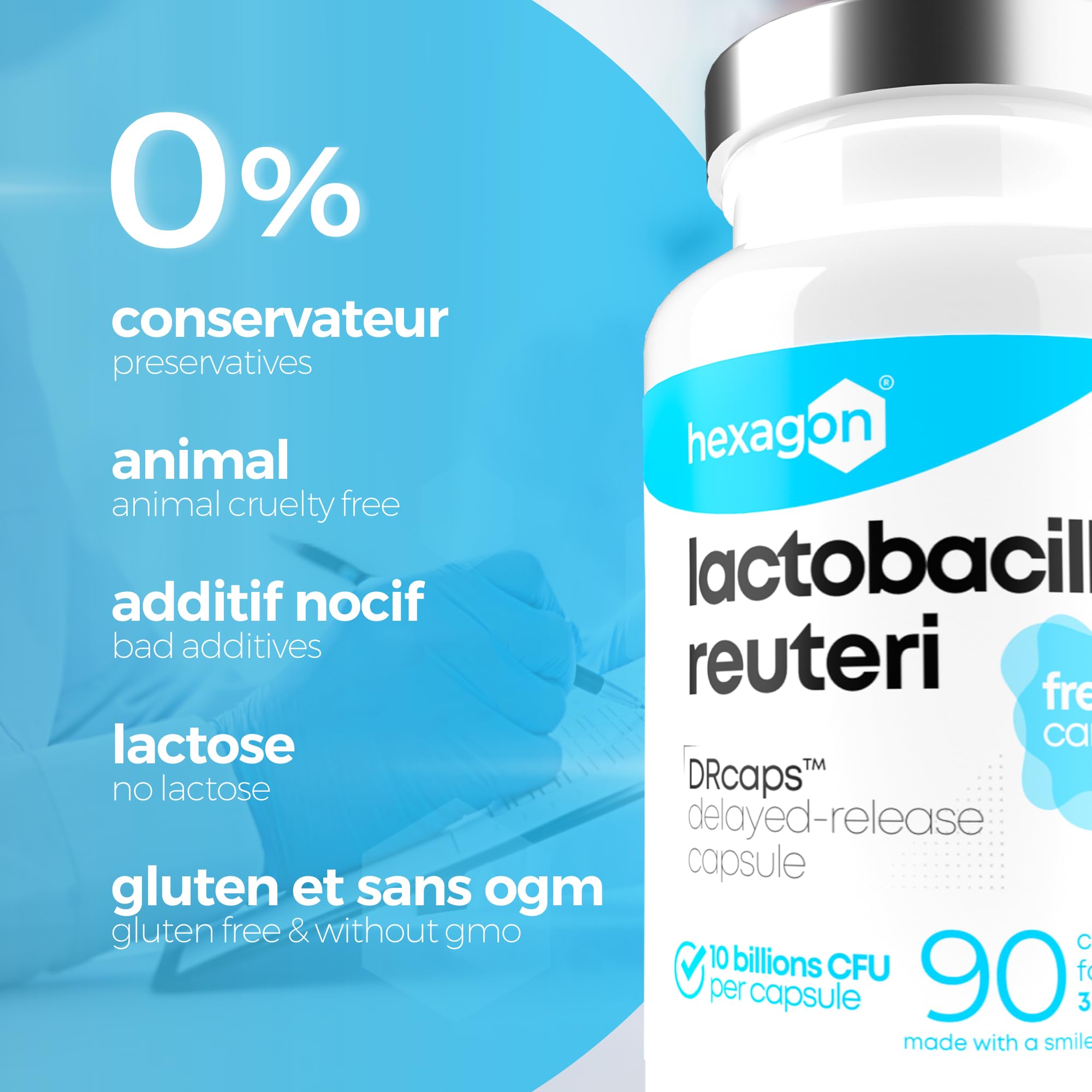 Lactobacillus Reuteri 10 Milliards UFC/Gélule - Cure Complète +3 Mois - L-Reuteri - Probiotique - Ferment Lactique - Freshcare™ Fraîcheur Optimale - 90 Gélules DRcaps™ - Vegan - Hexagon