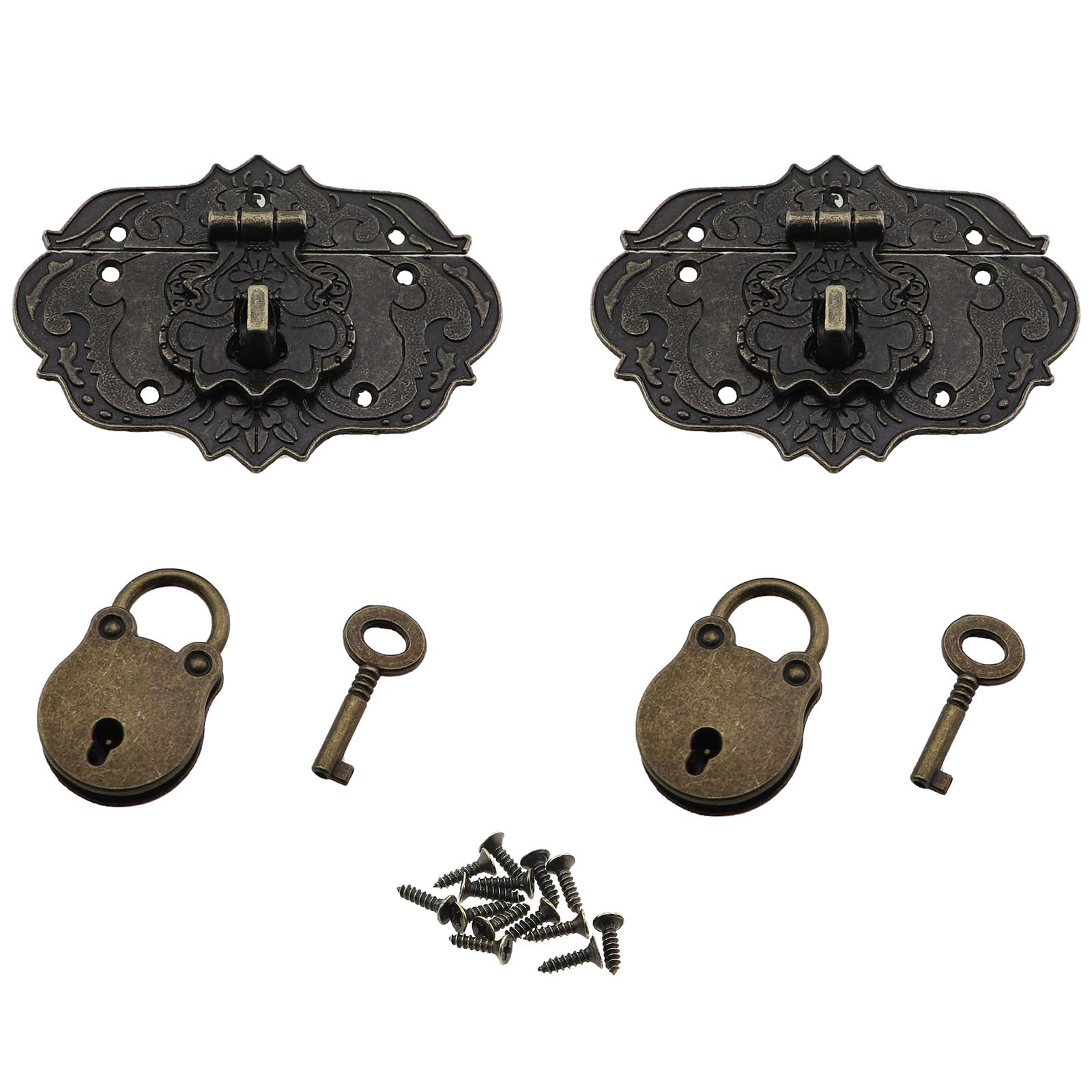 KKUANG 2 Set Vintage Bronze Padlock & Buckle Set with Screws, 56x76mm, Zinc Alloy, Pin Tumbler Lock, Suitable for Furniture & Cabinets