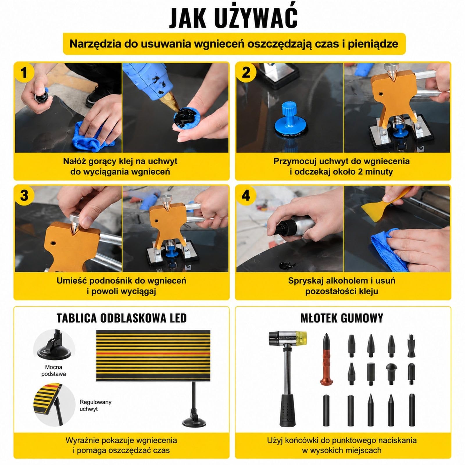 Zestaw do naprawy wgnieceń samochodowych 89 elementów z wyciągaczem, mostkiem, młotkiem ślizgowym, pistoletem do kleju, panelem LED, gumą, aluminium i plastikiem do metalowych powierzchni