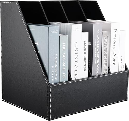 Miniatura 4 de KINGFOM Soporte para archivos de documentos de cuero de madera con 4 ranuras, soporte para archivos, organizador de archivos de escritorio, gabinete
