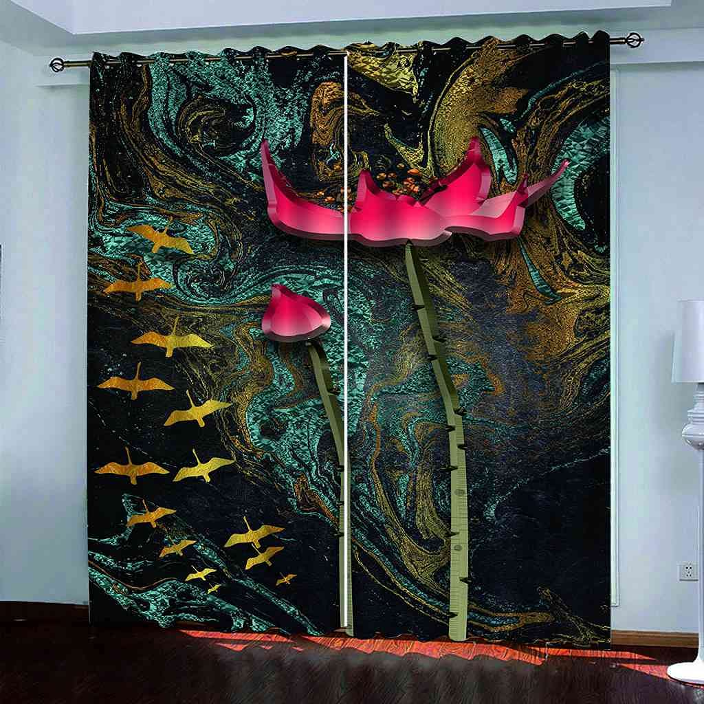 Rideau occultant à oeillets en polyester de qualité supérieure au motif lotus rouge élégant