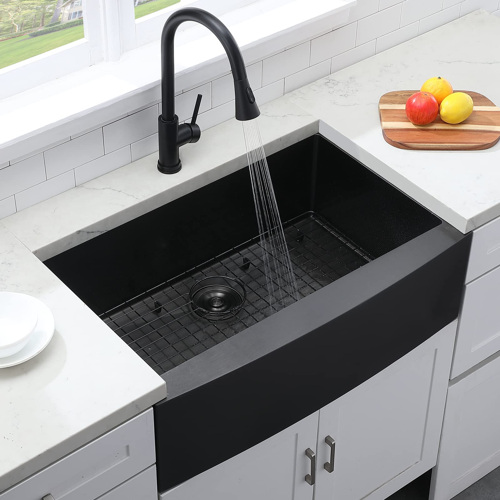 Miuara Bauernhaus-Spüle Mattschwarz, 84 Cm Einzelbecken – Aus Robuster Schamotte, Für Unterbaumontage