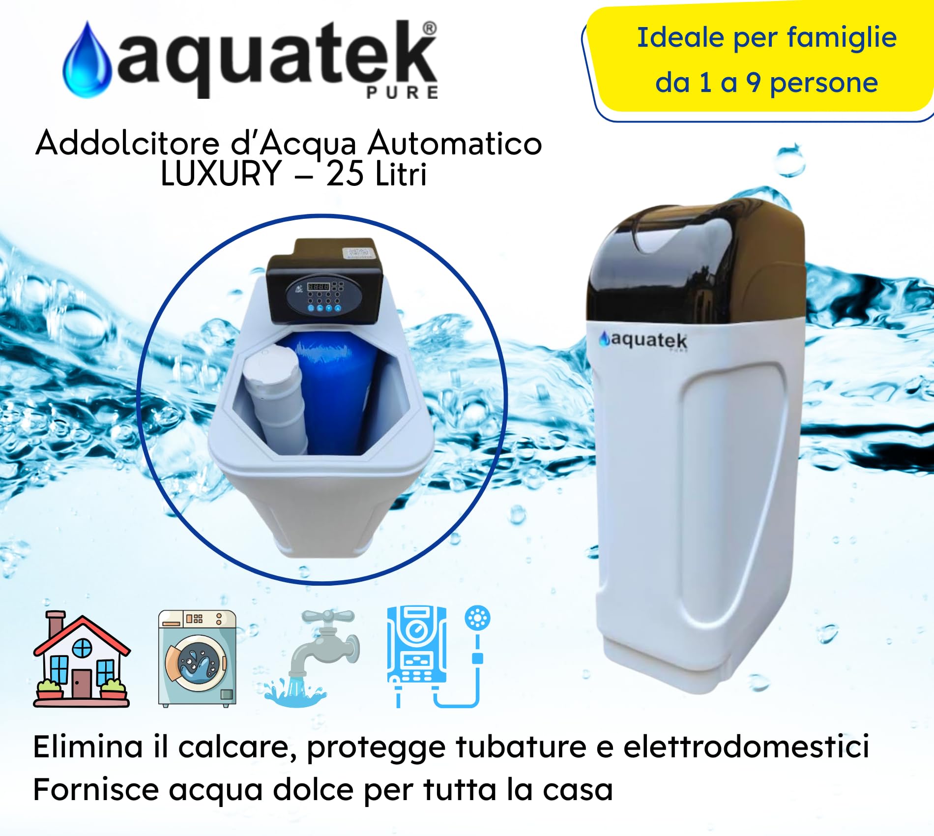 Aquatek - Addolcitore D'Acqua Automatico Cabinato Luxury 25 Litri Con Valvola Runxin F69P3 Pronto Installazione Riduzione Consumi Acqua E Sale Per Abitazioni Fino A 9 Persone Garanzia 2 Anni