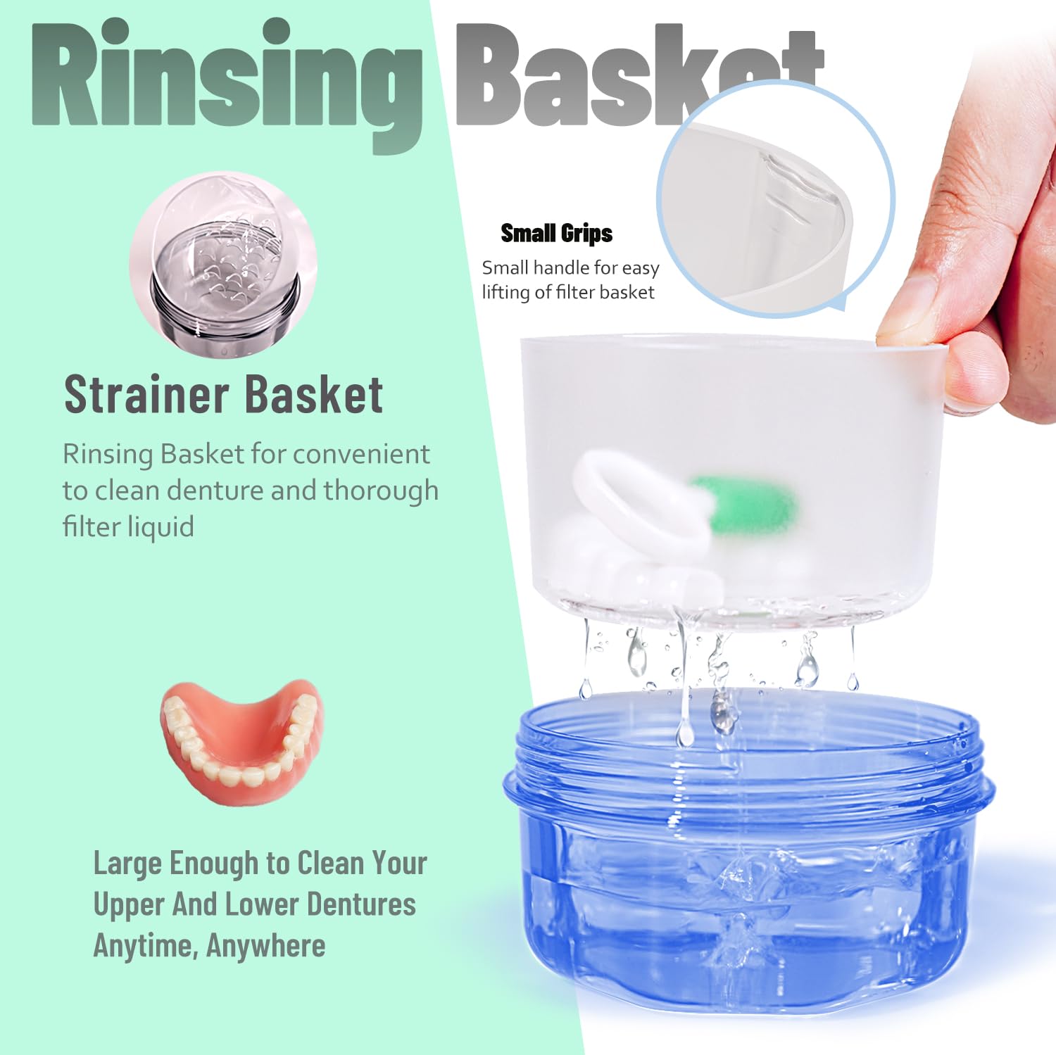 Custodia da bagno portatile per protesi dentarie con coperchio a prova di perdite, contenitore per denti falsi, paradenti, custodia da bagno per viaggi, casa, ufficio, blu trasparente