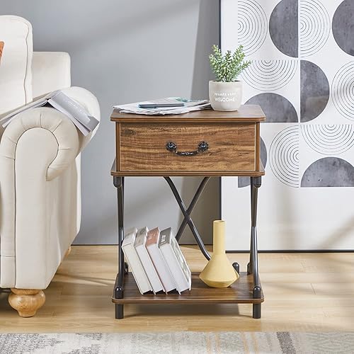 Miniatura 7 de VECELO Mesitas de noche con cajón para dormitorio, mesa de noche con almacenamiento y estante abierto para sala de estar, marrón