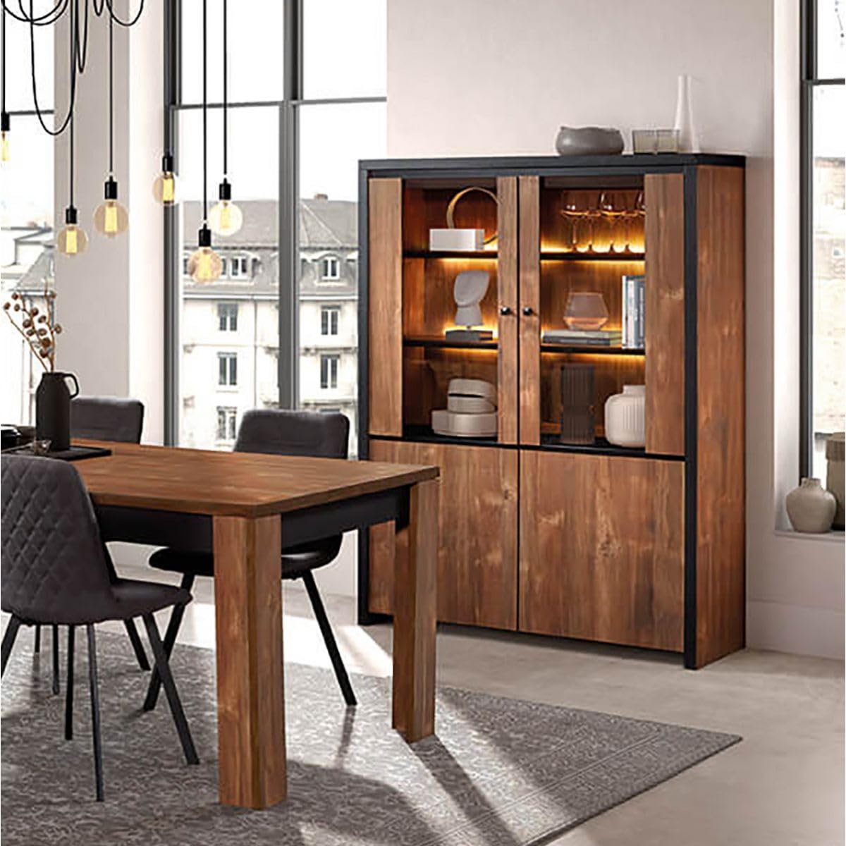 AltoBuy STALONE - Argentier 4 Portes Effet Bois Manguier Foncé et Noir