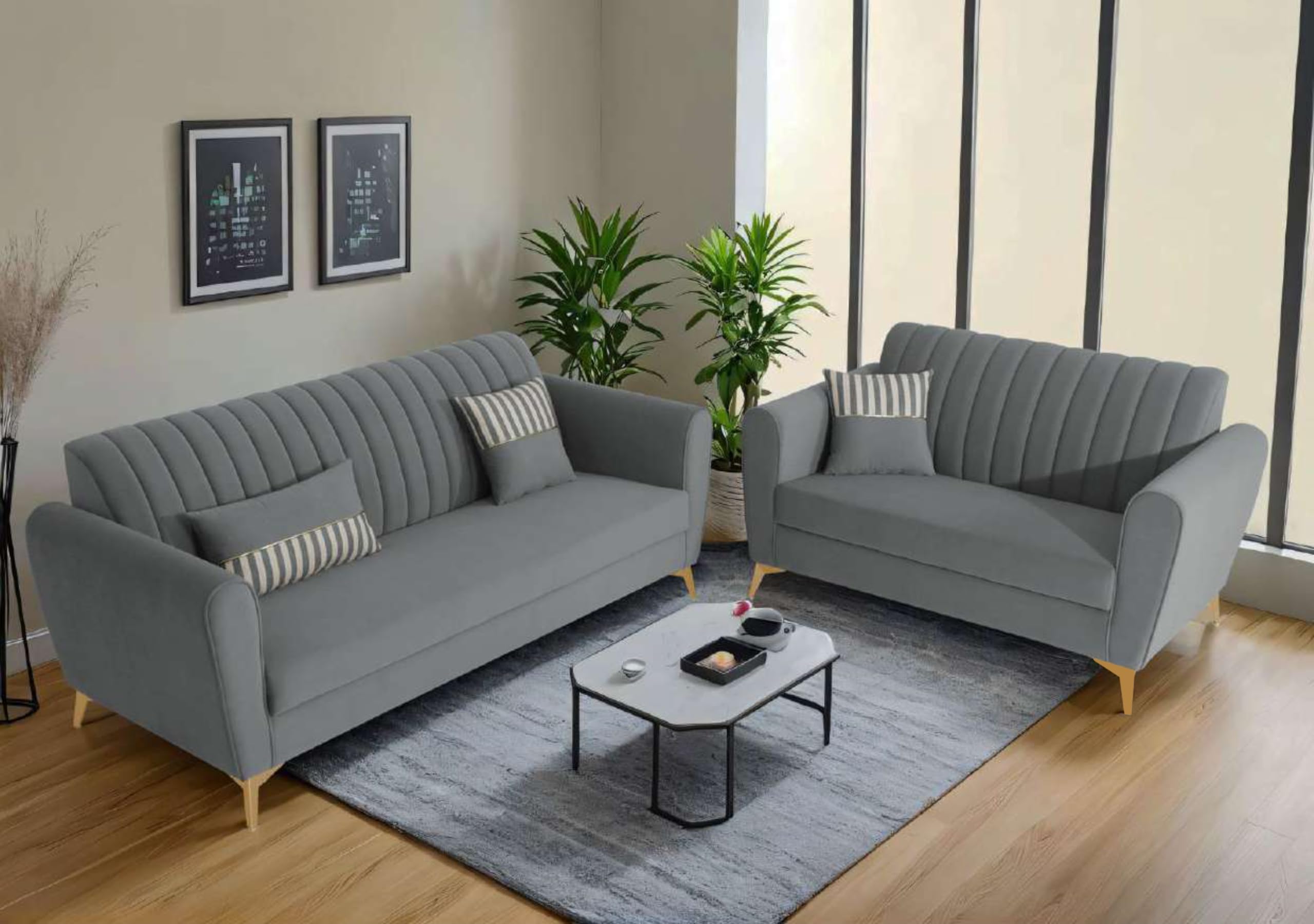 Adorn India Premium Luster 3+2 Sofa Set | Velvet Suede Fabric | 3-Year Warranty | Color Grey with Golden Legs & Striped Pattern Cushion