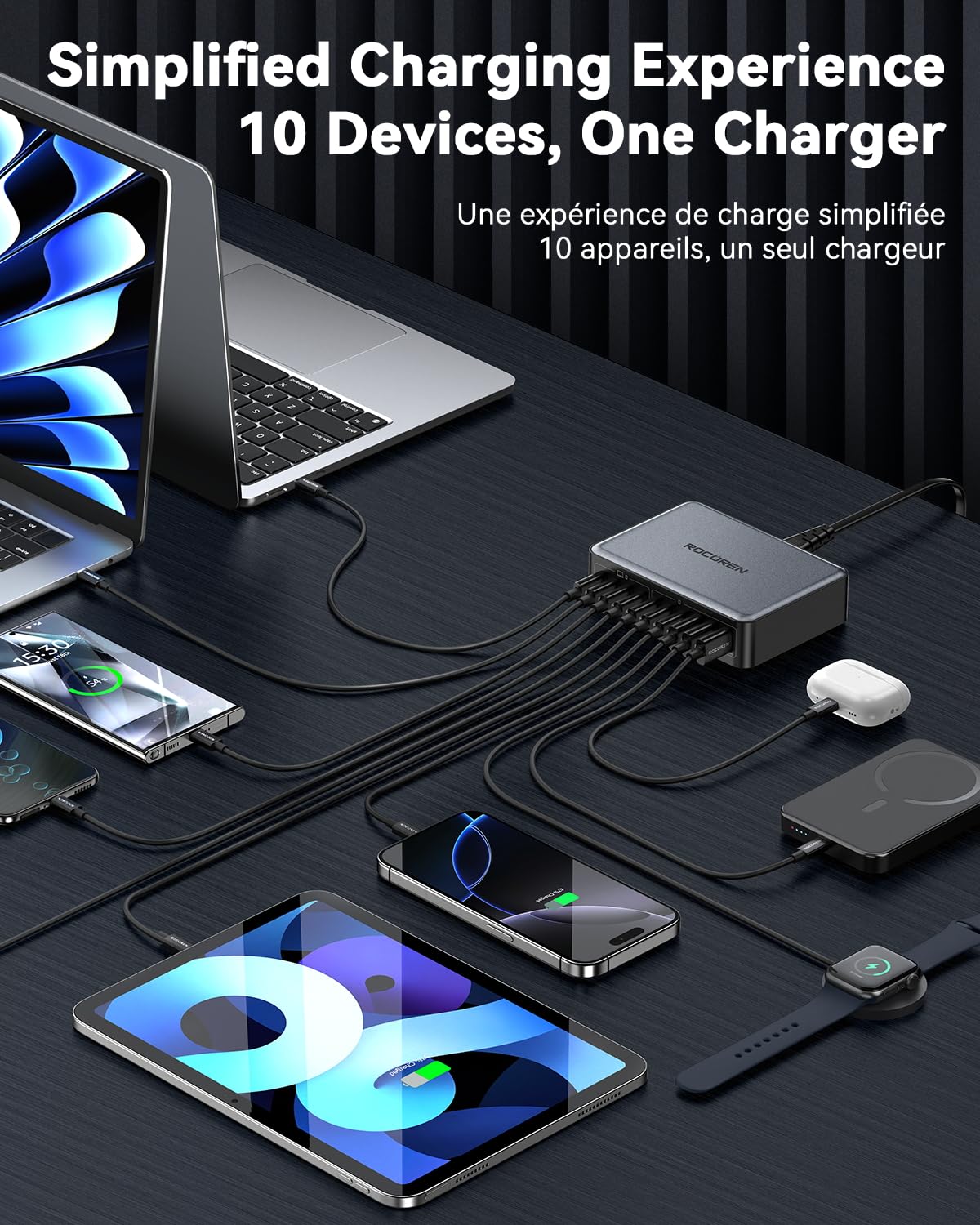 Rocoren USB C Charger 480W, PD100W USB C Fast Charging Station 10-Port PPS Laptop Charger Adapter Charger with USB-A for MacBook Pro/Air, iPh0ne, Acer, Lenv0, Galaxy A05s/S25, Pixel