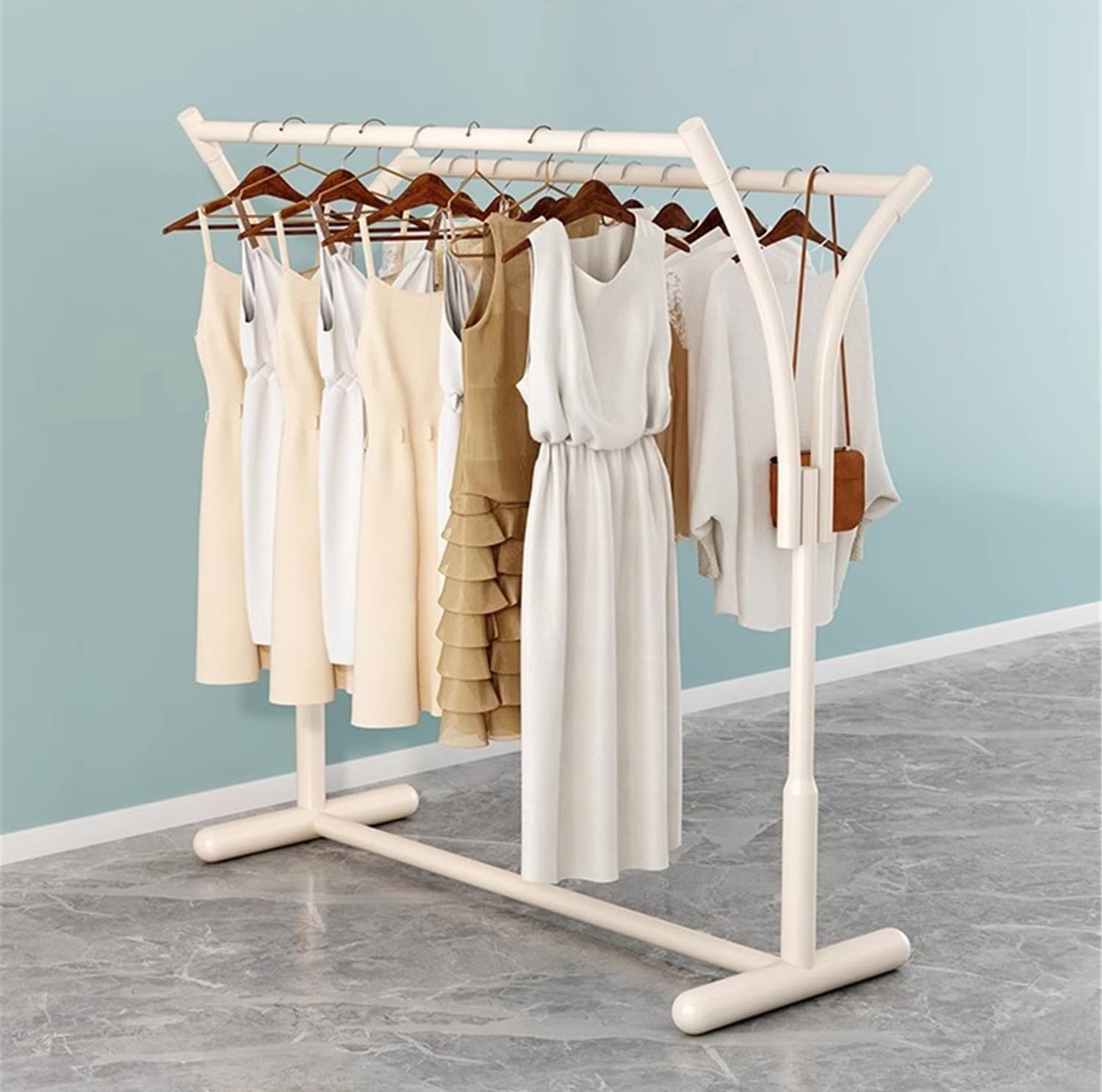 Meyebp White Gold Double Rod Garment Rack With Lockable Wheels, Heavy Duty Curved Metal Freestanding Clothes Rack, Rolling Clothing Display Organizer For Bedroom Closet Boutique Retail Store