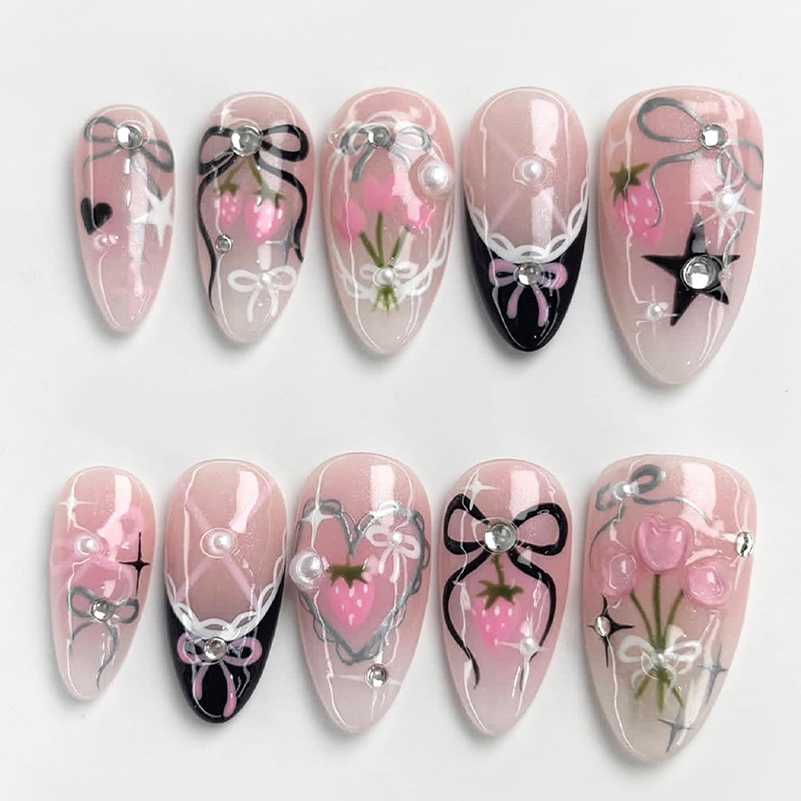Press on Nails Almond Medium - 30 Pieces Handmade False Nails with Glue - 3D Rhinestones Bow Design Glue on Nails - 15 Sizes,Cute Full Cover Stick on Nails for Women Girls Nails Art Gift