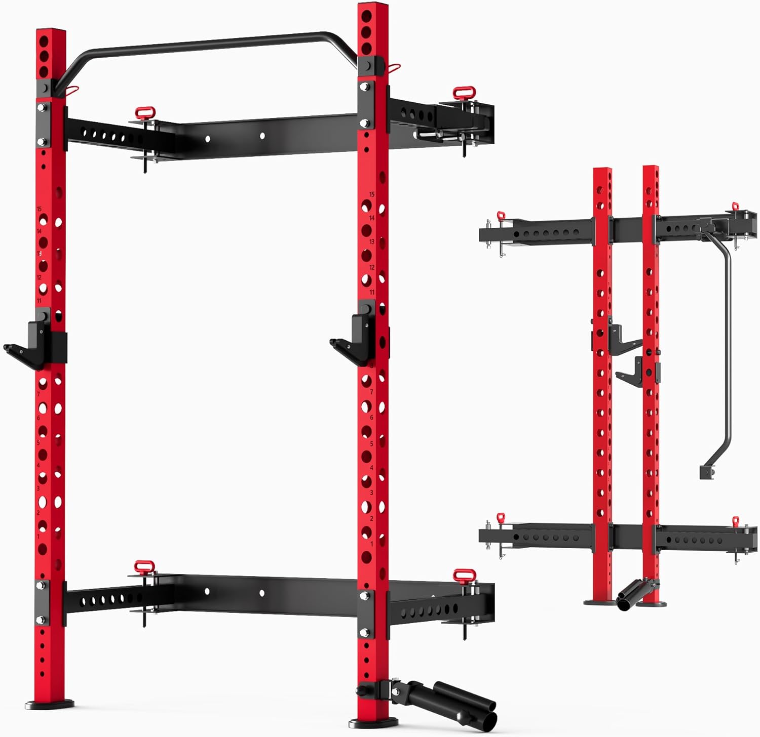 MU 2" x 2" Folding Squat Rack, 1100LBS Wall Mounted Power Rack with Adjustable Pull Up Bar, J Hooks, Landmine, Foldable Squat Rack for Home Gym, Garage, Training Studios (Black and Red)