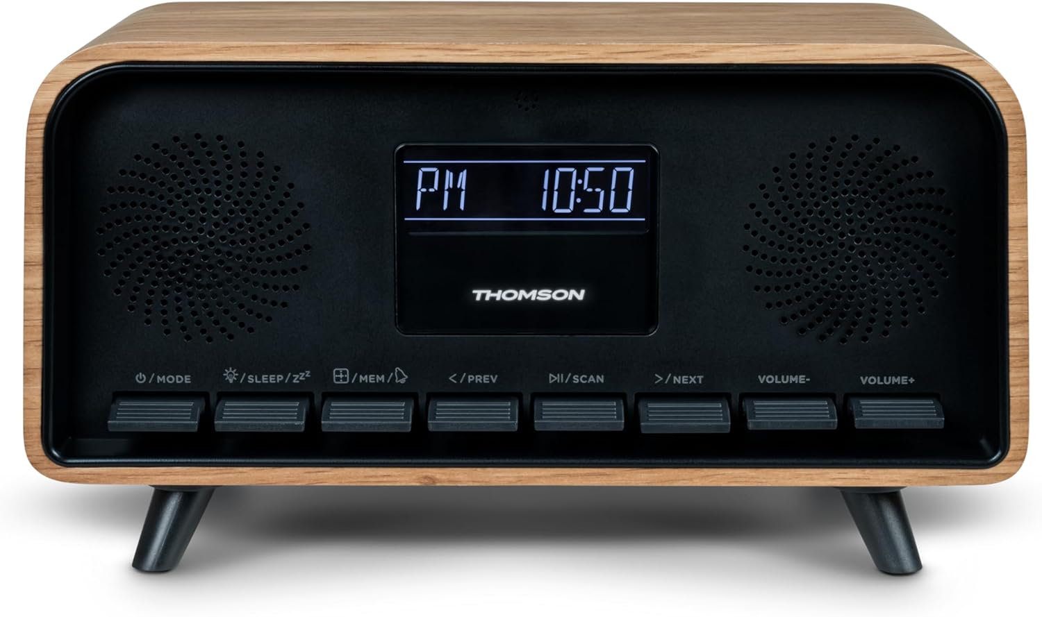 Close-up of the Thomson RT850BT display showing the time 10:50 PM