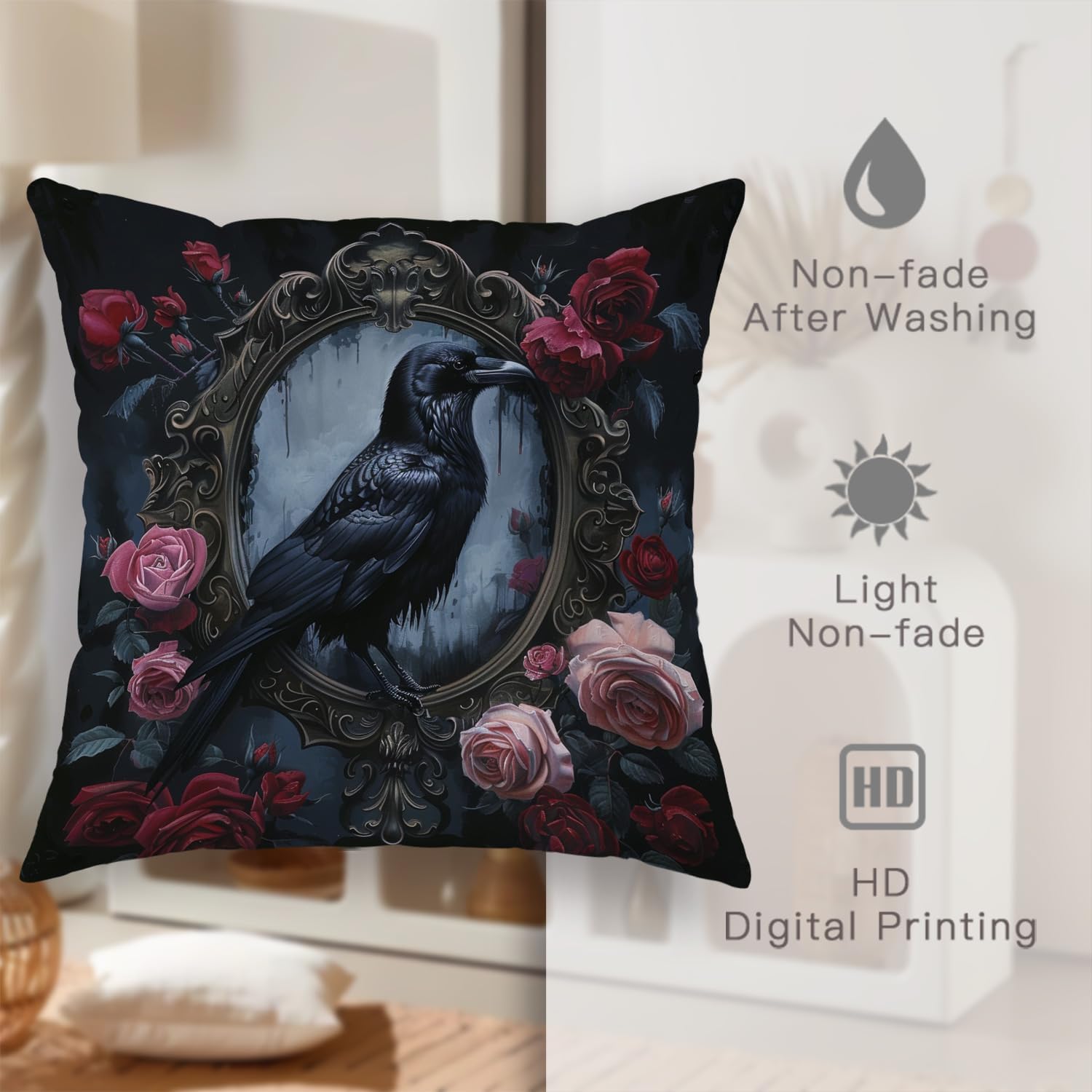 Gothic Raven and Rose Pillow Covers Set of 2, Dark Romantic Floral Mirror Throw Pillow Cases, Victorian Vintage Art Decorative Square Decor Cushion Covers for Living Room Sofa Bed Couch 24x24 Inch