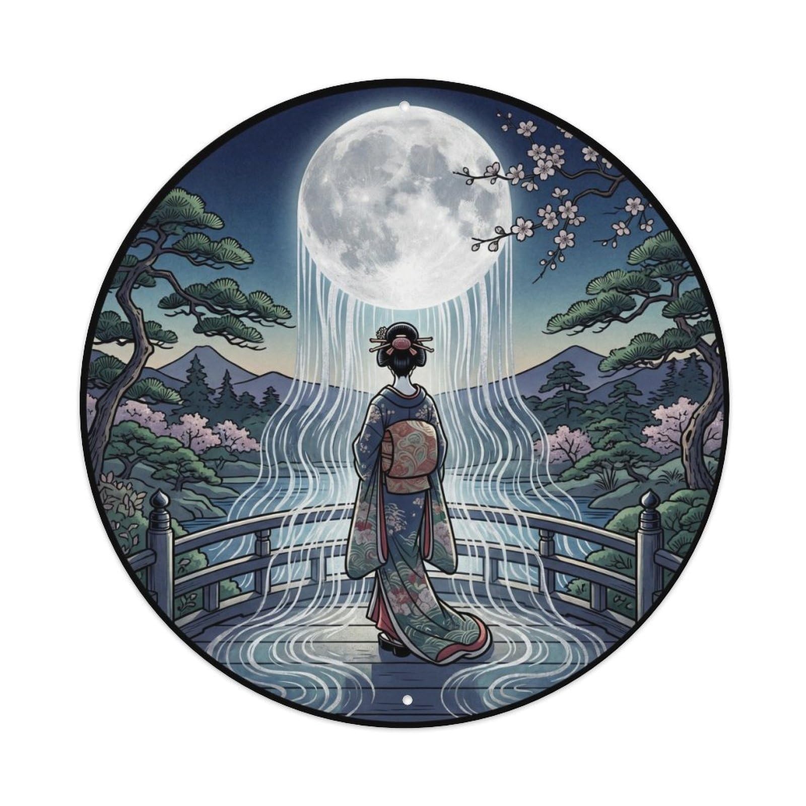 Galvaxio Style Japanese Kimono Woman Viewing Moonlight Like Water Flowing Metal Tin Sign