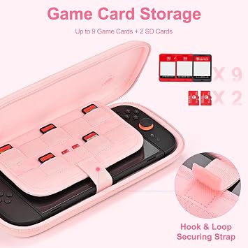 innoAura Switch 2 Case Ultra Thin Switch 2 Case for Switch 2 Console 900D Felt Structure 9 Playing Card Slots 2 SD Card Slots Tracker Compartment Double Zips Handle Pink