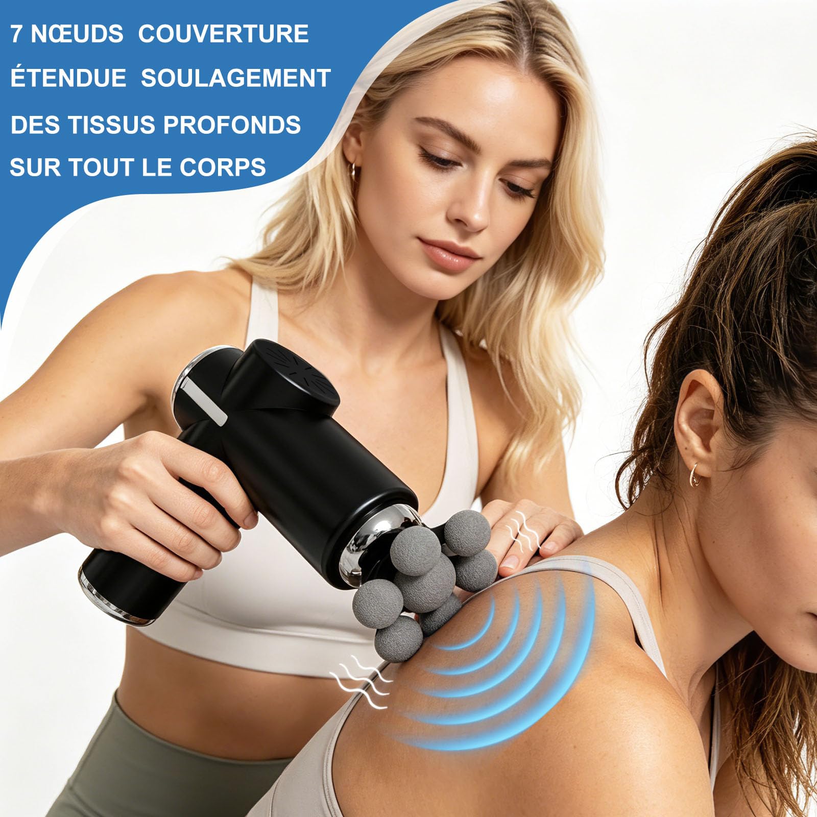 Masseur de tissus profonds, masseur musculaire avec 6 vitesses et 5 têtes de massage, portable, silencieux, pour détendre le corps, le dos et les épaules (noir)