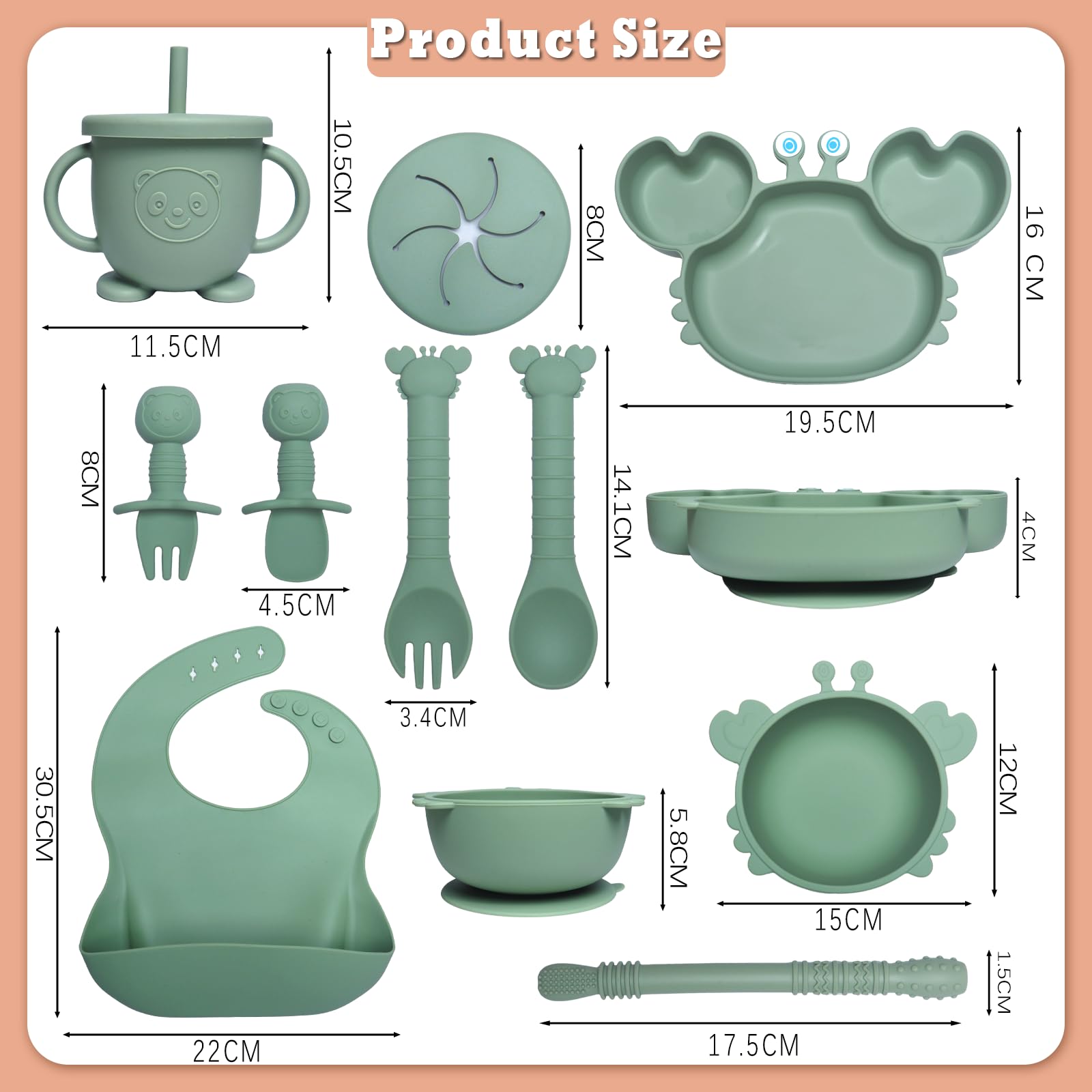 Coffret Repas Bebe, 10 Pièces Assiette bebe Set Vaisselle Antiderapant Silicone avec Ventouse Assiette Bol Fourche Cuillère Bavoir, Enfant Set Couverts Vaisselle Pour Sevrage Manger, Vert