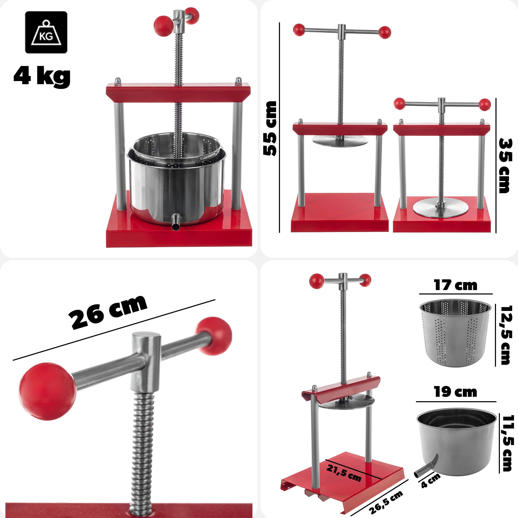 KADAX Obstpresse 2 Liter, Weinpresse, Manuelle Saftpresse mit Handkurbel, Obstmühle, Fruchtpresse, Entsafter für Weintrauben, Maischepresse, Traubenmühle
