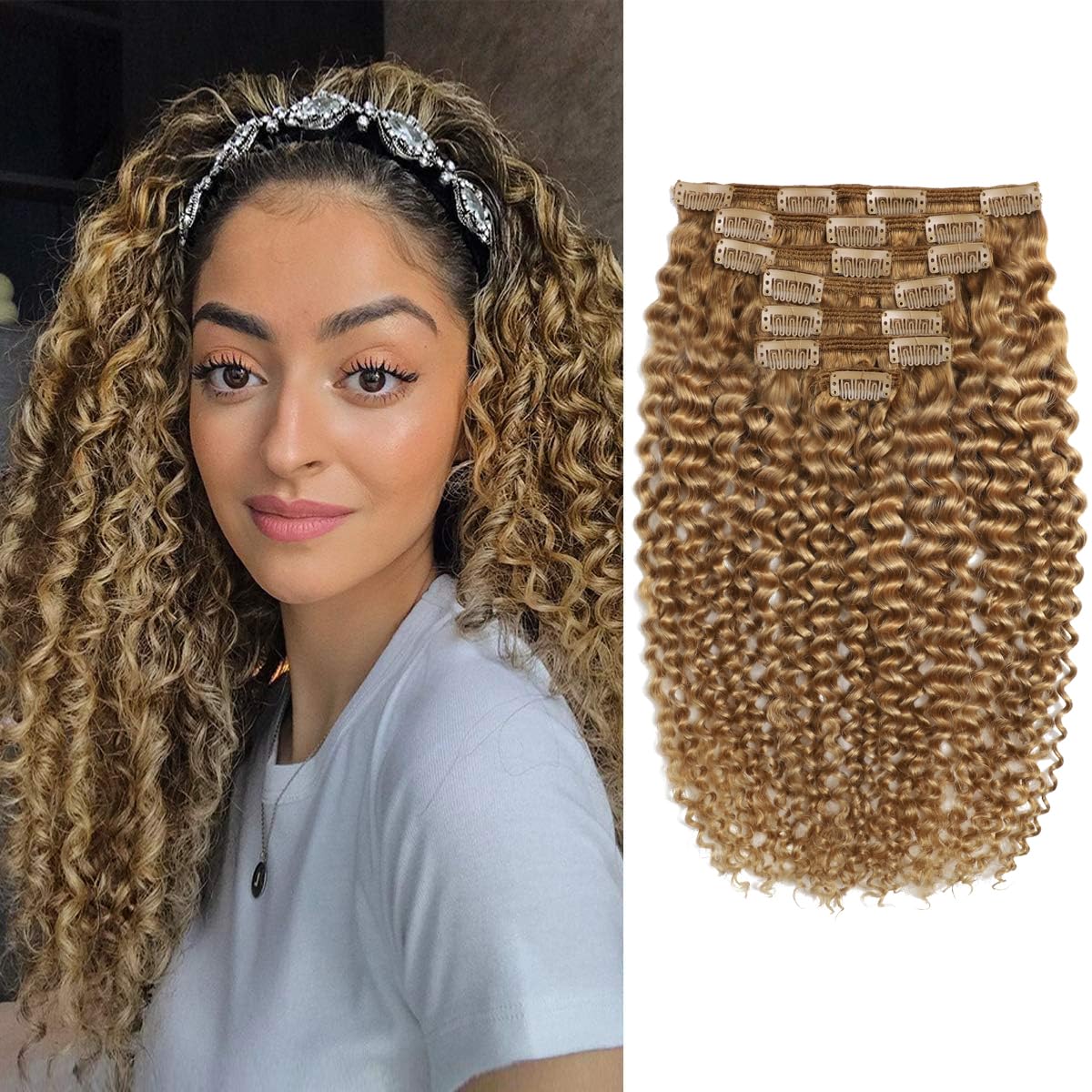 Anrosa Jerry Curly Clip in Hair Extensions Real Human Hair 16Inch 3B 3C Curly Clip in Extensions Remy Human Hair Strawberry Blonde Hair Extensions