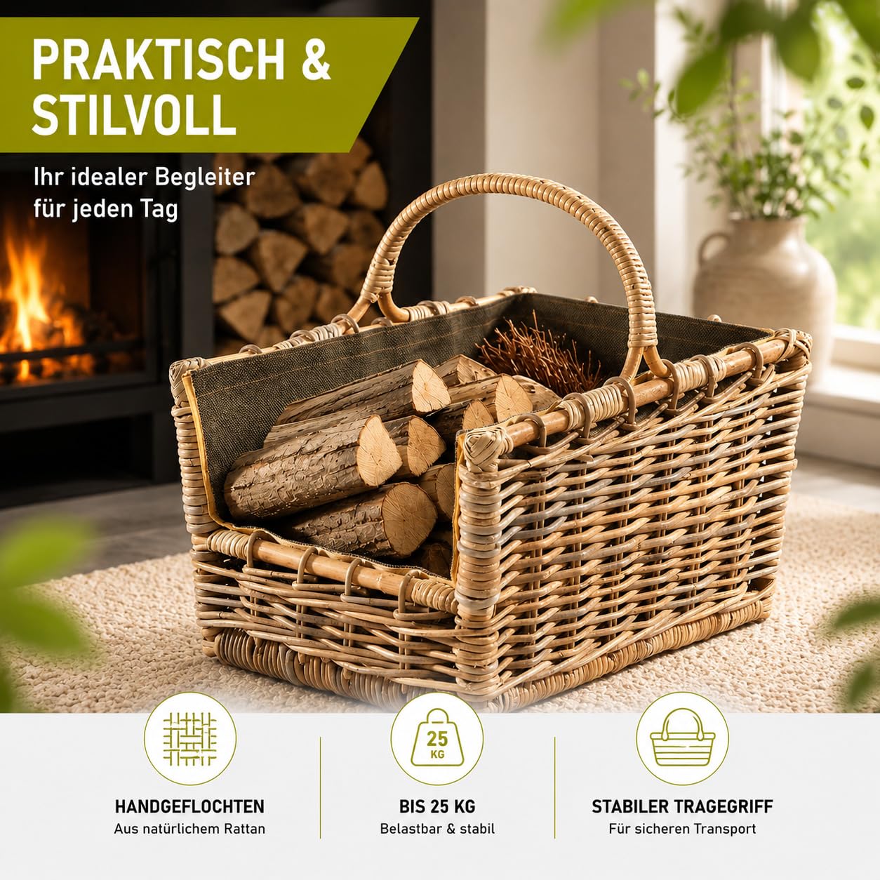 Kobolo Kaminholzkorb Holztrage für Kaminholz aus Rattan Grau