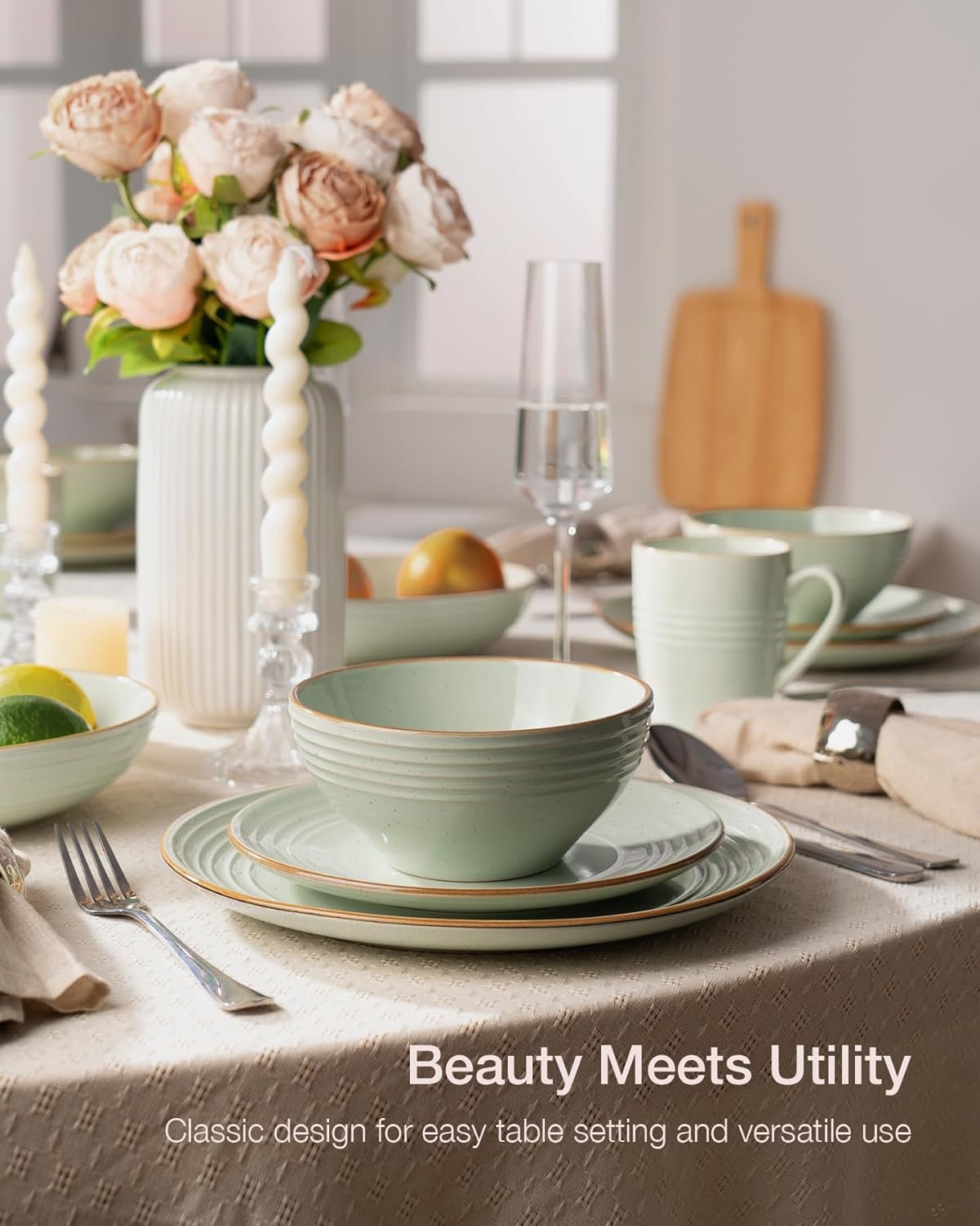 Famiware Jupiter Dinnerware Set, Plates and Bowls Dish Sets for 4 (12 Pieces), Speckled Stoneware Tableware wtih Trim - Microwave and Dishwasher Safe, Chip and Scratch Resistant, Light Green - Image 2