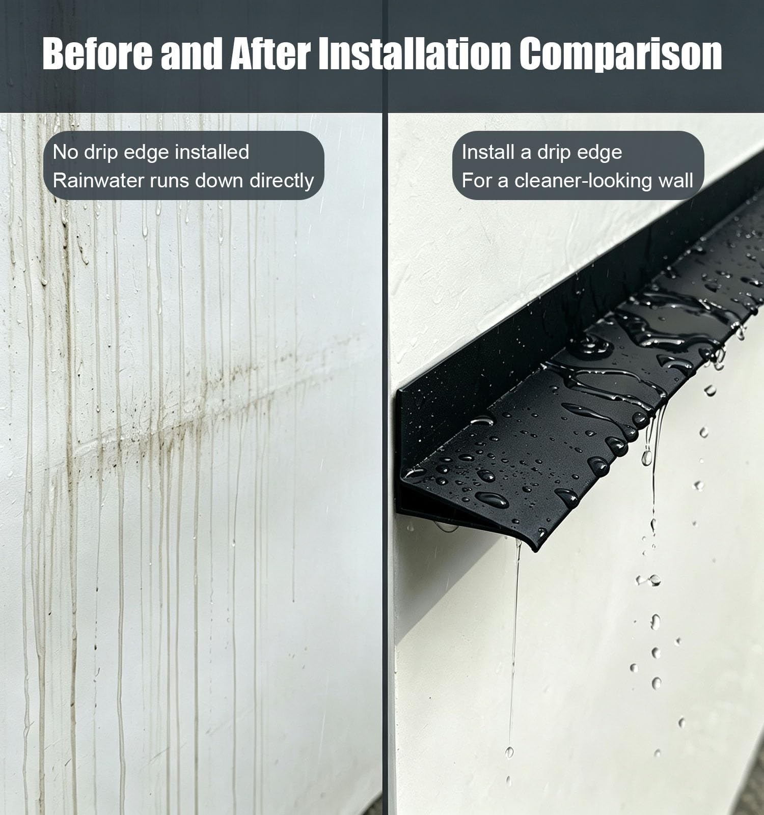 Vierteaguas Muro Perfil Impermeable de Goteo para Pared Exterior | Protector de Borde con Goterón y Sistema Antirretorno; Barrera de Agua Inclinada para Desviar el Agua(Black,5m(16.4ft))