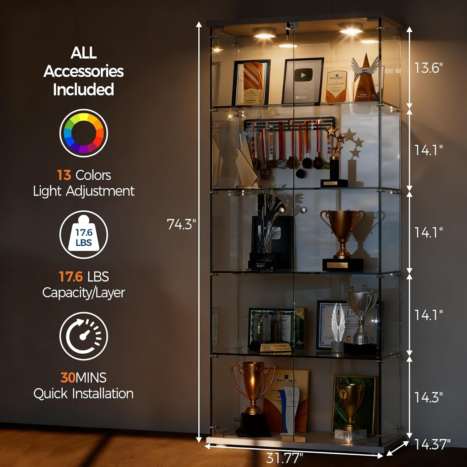 Takywep 5-Tier Curio Display Cabinet with Dual Tempered Glass Doors, Human Body Sensor & 3-Color LED Lights, White Display Case for Collectibles Wine Living Room