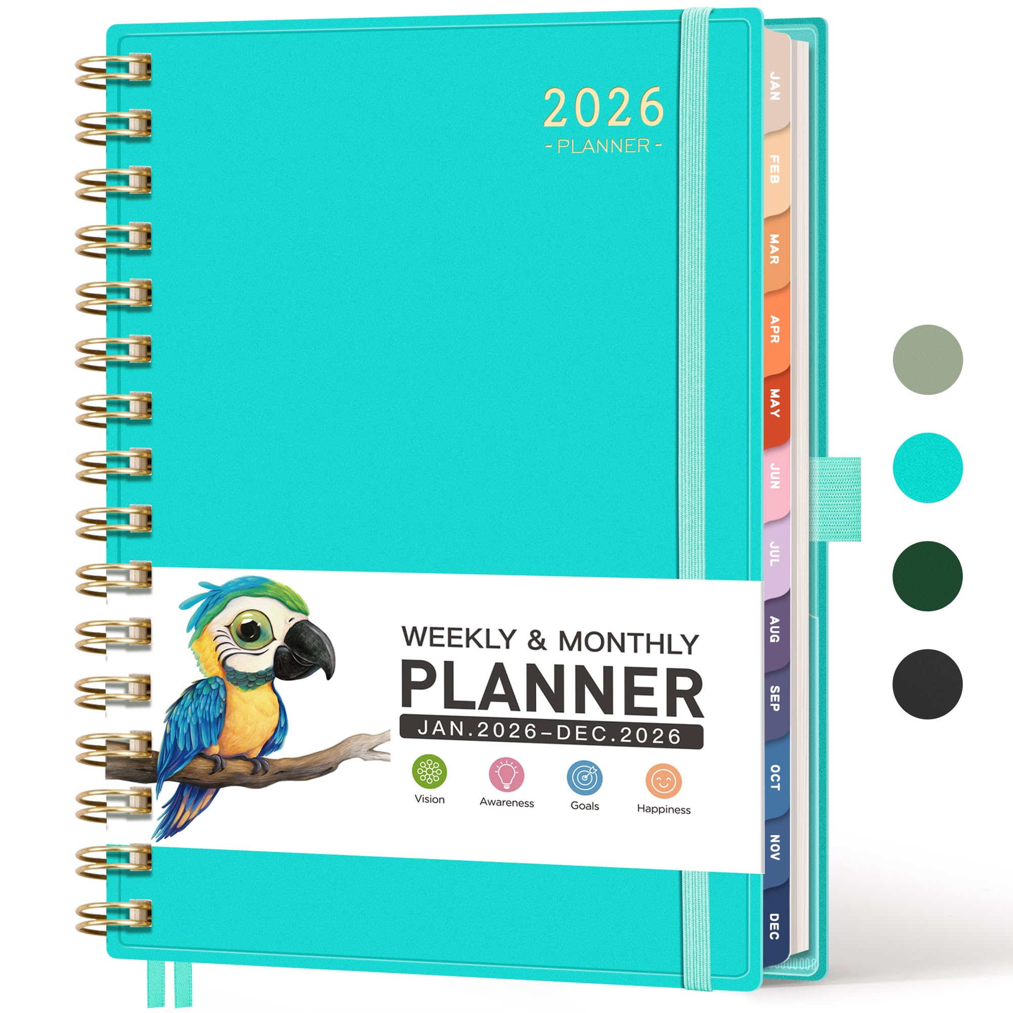 RETTACY 2026 Planner, Weekly and Monthly, Medium Size (5.7" x 8.3"), Jan - Dec 2026, Agenda, Calendar, 12 Month Tabs, Flexible Plastic Cover, 100 GSM Thick Paper, Spiral-bound (Tiffani Blue)