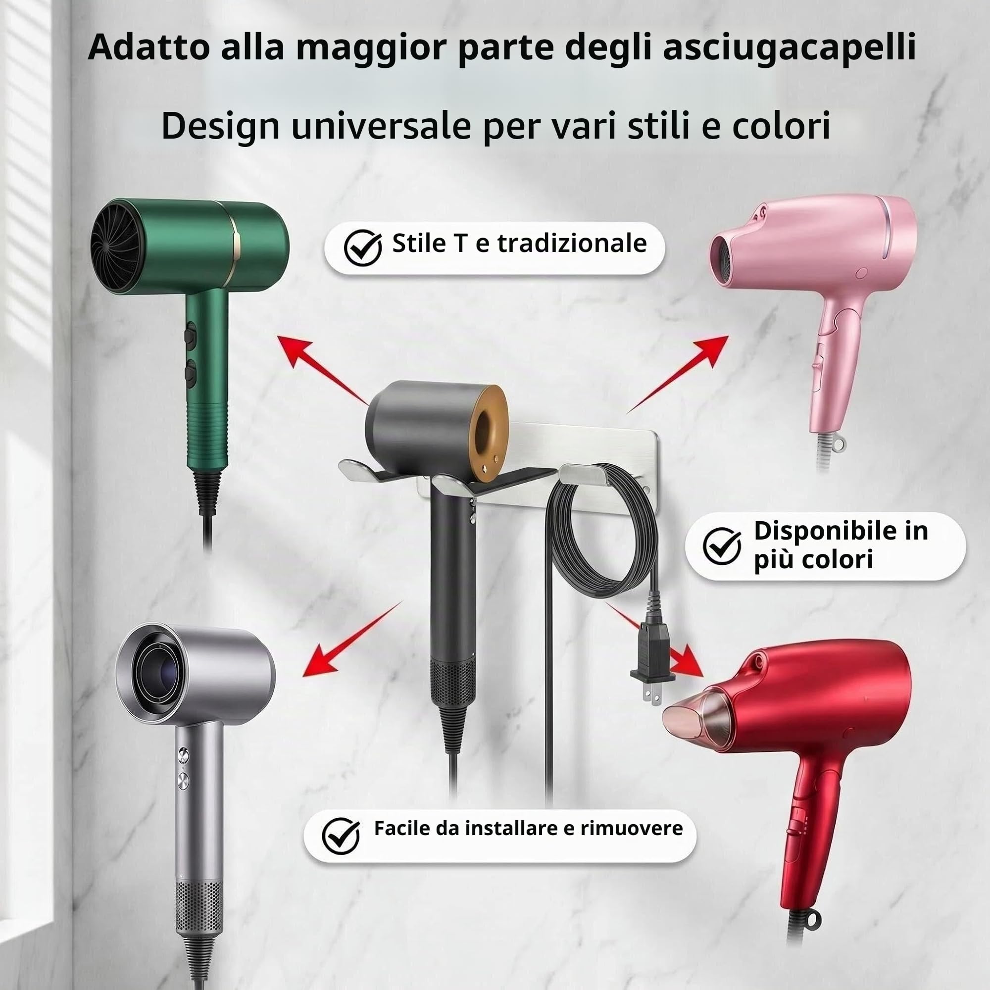 Porta Asciugacapelli a Parete Universale - Supporto per Asciugacapelli con Gancio Cavo, Organizzatore Bagno/Camera/Parrucchiere, Acciaio Inossidabile 304 Antiruggine, Design Moderno (Argento)