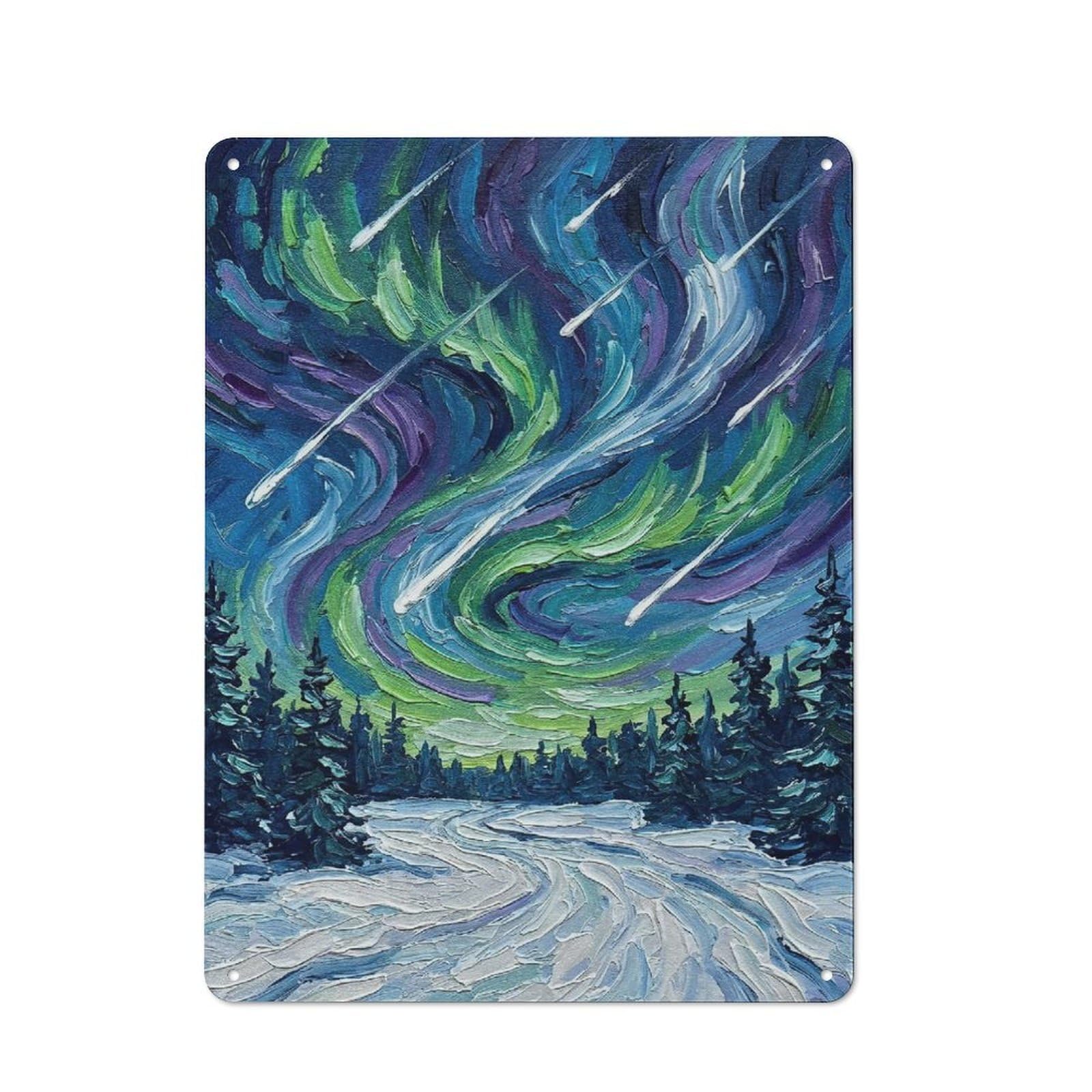 Junmoney Style-15 Tin Wall Plaque 40X30cm With Aurora Borealis Over Snowy Forest For Guest Room Or Hallway, For Updating Guest Room And Hallway After Moving
