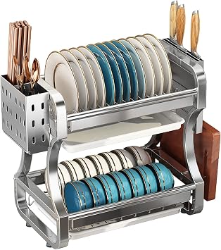 Dish Drainers 2-Tier Dish Drying Rack,Compact Kitchen Dish Rack Drainboard Set,Large Rust-Proof Dish Drainer with Utensil Holder,Cutting Board Holder and Dish Drainer for Kitchen Counter,