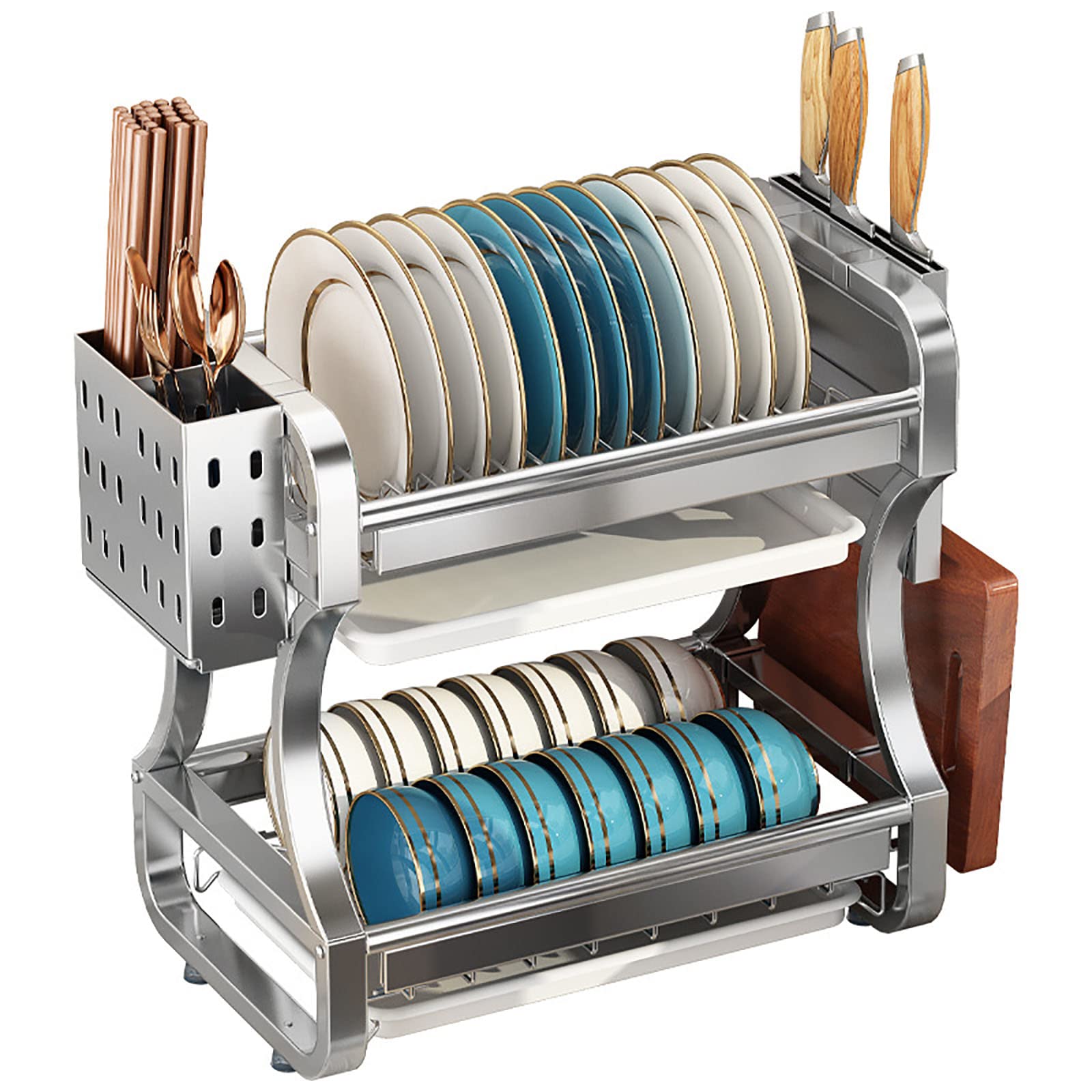 SaryEdge Dish Drainers 2-Tier Dish Drying Rack,Compact Kitchen Dish Rack Drainboard Set,Large Rust-Proof Dish Drainer With Utensil Holder,Cutting Board Holder And Dish Drainer F,A-36CM