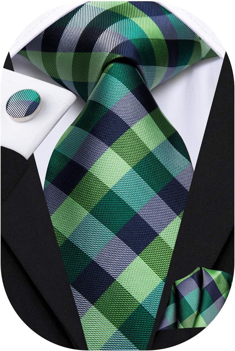 Hi-Tie Mens Plaid Ties Classic Paisley Necktie with Handkerchief Cufflinks Set Business Stripe Tie