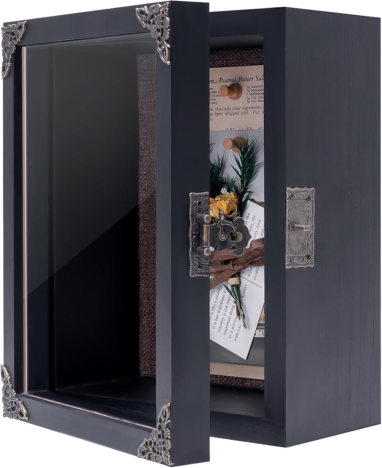 Deep Shadow Box Frame 8x10, 4.7in Depth Shadow Boxes Display Case with Soft Linen PIN Board, Vintage Charred Finish & Mortise-Tenon Joint, Retro Metal Hardware (Black)