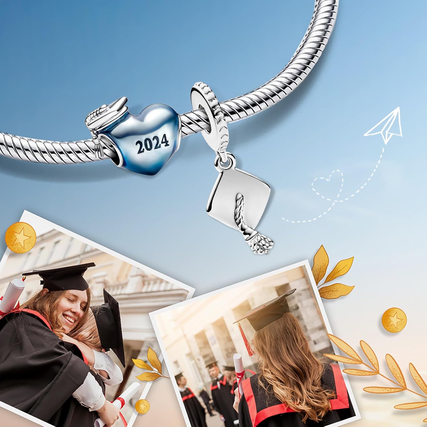 Blue 2024 Graduation&Cap Charms Bead for Bracelets and Necklaces 925 Sterling Silver Women's Graduation Jewelry 2 Piece/Package - Image 2