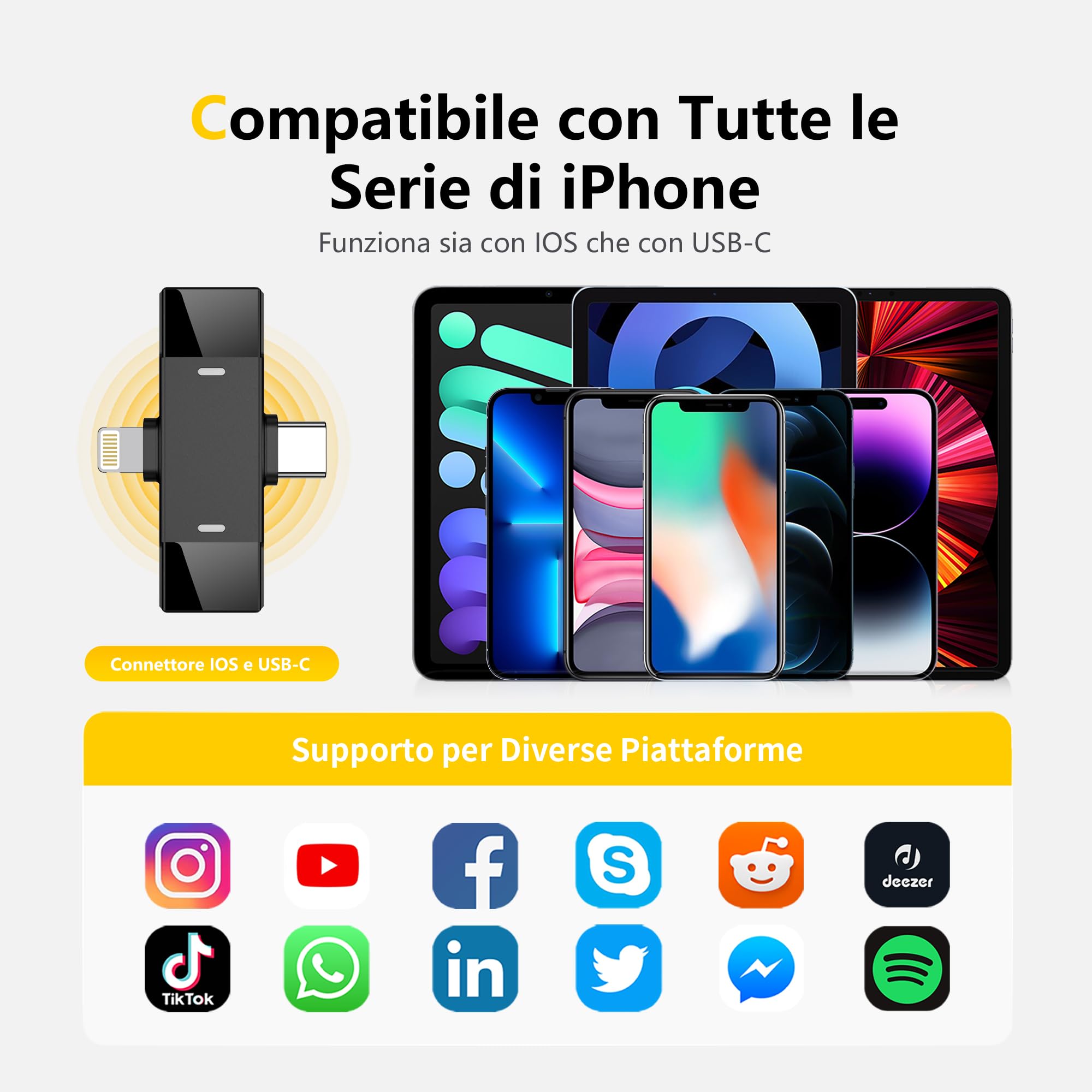 Qhot Microfono Wireless per iPhone, Microfono Lavalier Wireless per Registrazione Video, PC, Laptop, Streaming Live, Podcast, Vlog, YouTube/TikTok (iOS&USB-C/2 Mic M1)