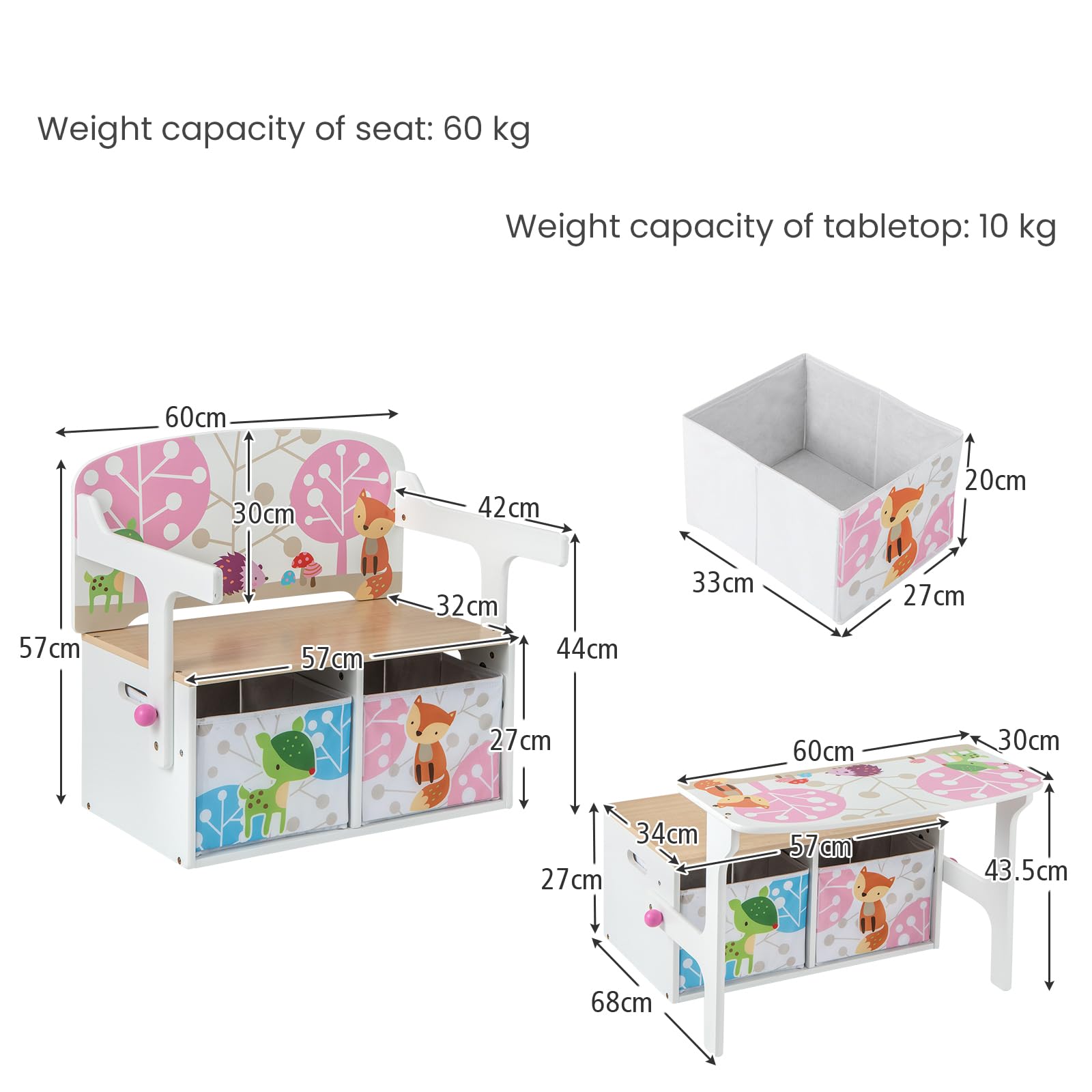 LIFEZEAL Panca portaoggetti 3 in 1 con 2 cassetti, cassapanca in legno, set tavolo con sgabello per bambini 3-7 anni, sedile con carico 60 kg, vassoio con carico 10 kg (bianco)