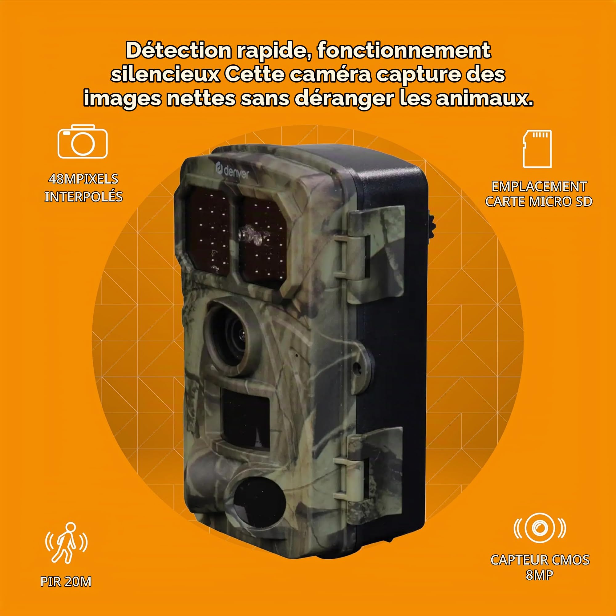 Denver WCT-8026W Caméra de Chasse Wi-FI/Bluetooth, 8 MP CMOS, vidéo 4K, Photos 48 MP, IP65, Vision Nocturne, TrailCam Go