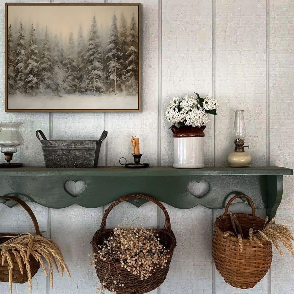 lianyibo Zimowy krajobraz ścienny w stylu vintage, obraz z ośnieżonymi sosnami, rustykalny krajobraz śnieżny, dekoracja salonu (80 x 120 cm/bez ramki)