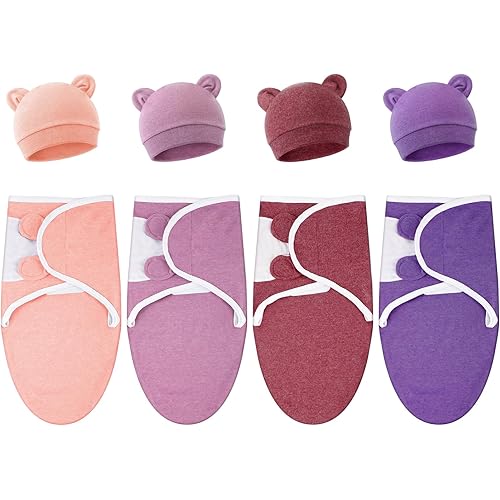 Buryeah 4 Pack Preemie Swaddle Blanket Wrap Set with Hat for Baby Boys Girls 3-7 Lbs Preemie Newborn Clothes Sleepers Cap