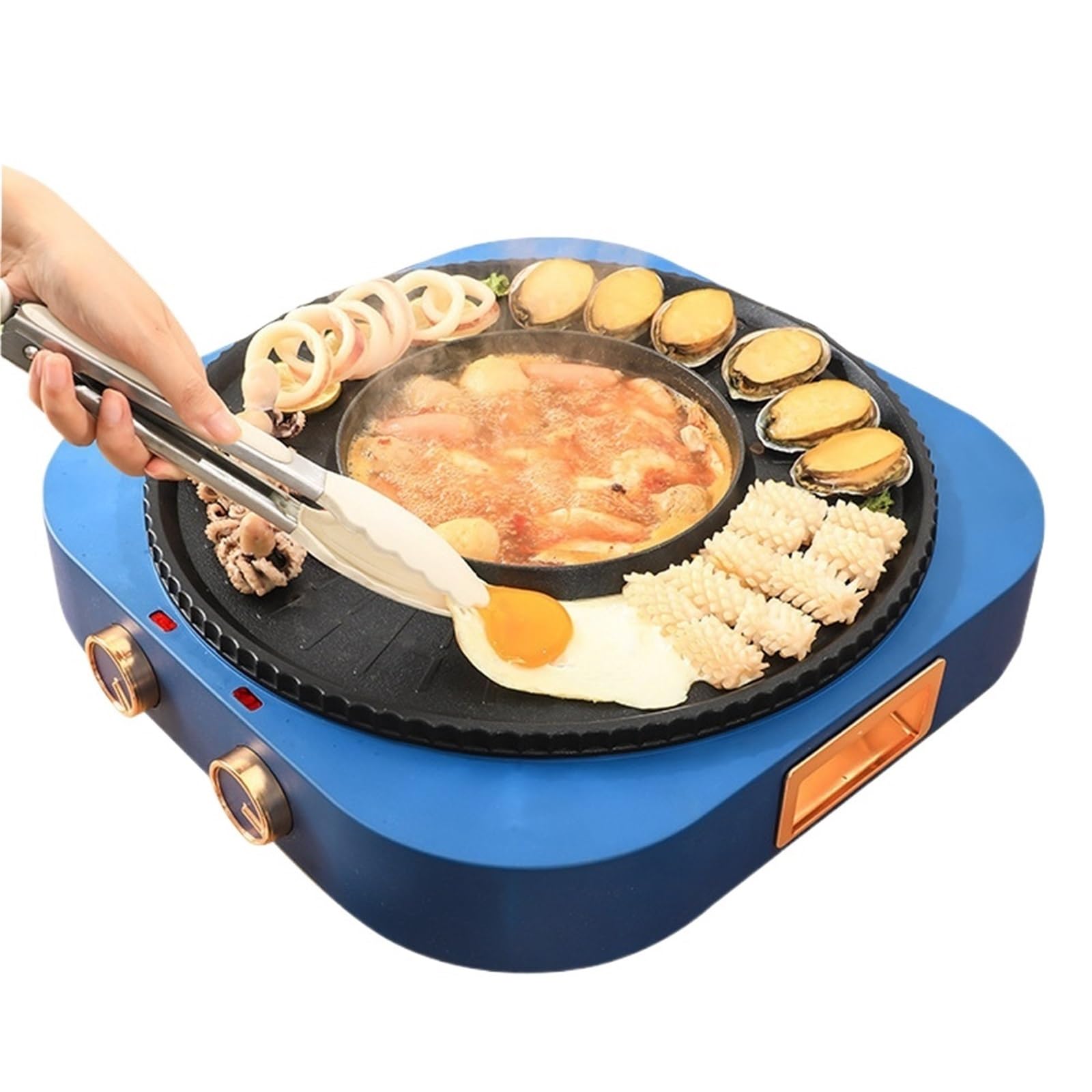 Friggitrice, Padella for uso domestico, griglia elettrica senza fumo, pentola calda, barbecue, macchina for cuocere la carne, strumento for, controllo a doppia manopola(Blauw)