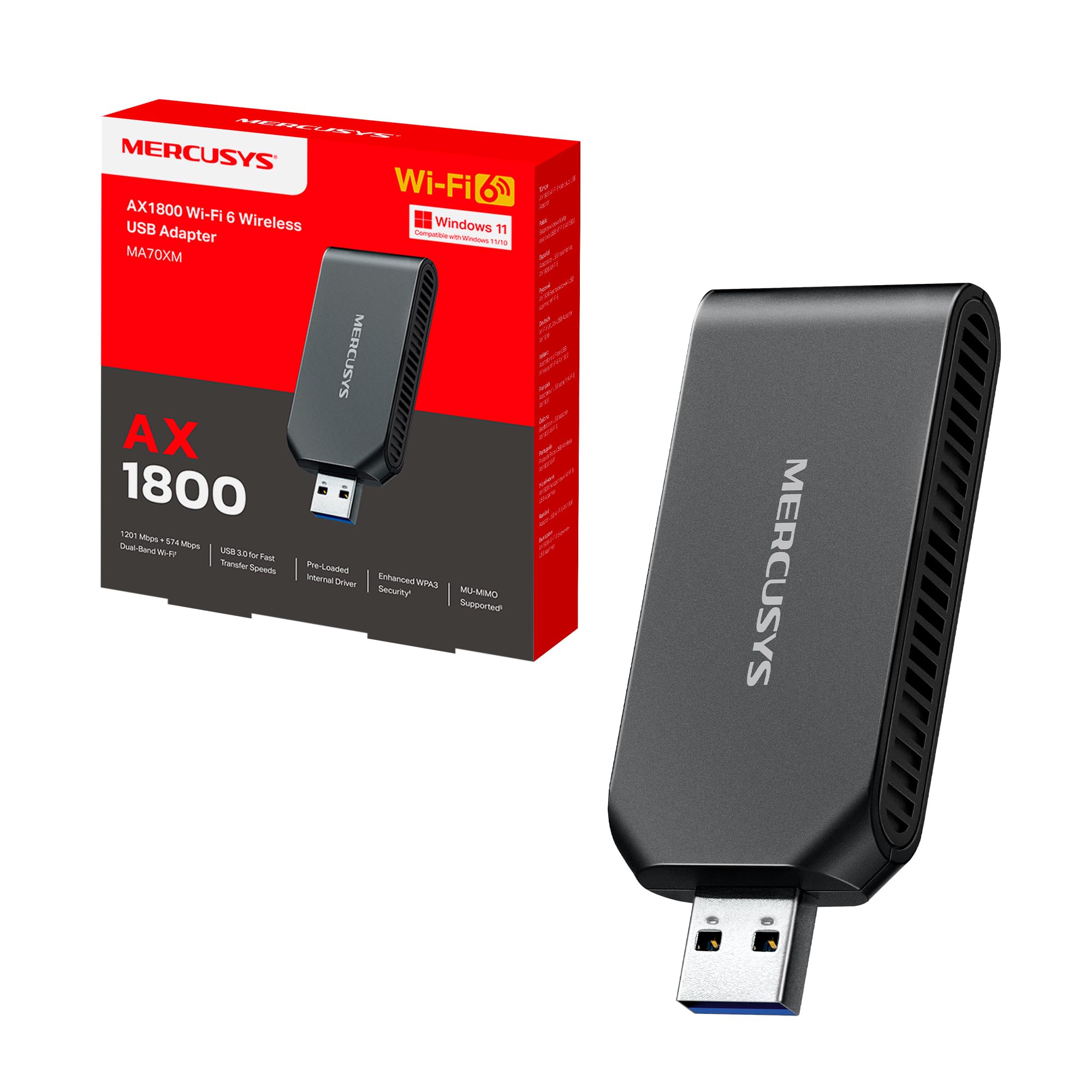 Mercusys MA70XM AX1800 Adattatore USB WiFi 6 per PC, Dual Band 1201Mbps 5GHz + 574Mbps 2.4GHz, USB 3.0, MU-MIMO, WPA3, Retrocompatibile 802.11ax/ac/a/b/g/n, Supporta Windows 11/10