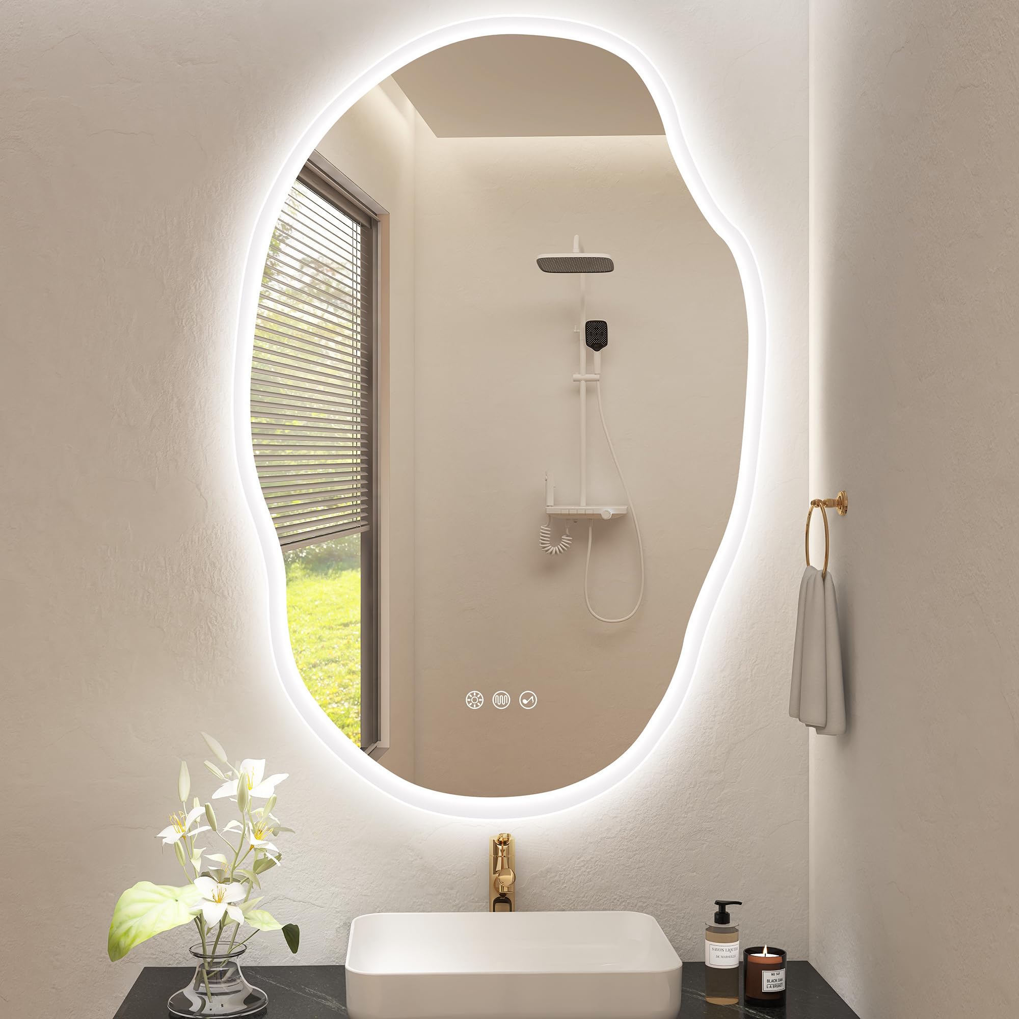 S'bagno Badspiegel-mit-Beleuchtung 600x900 mm, Badezimmerspiegel-mit-Beleuchtung und Bluetooth, Entfoggen, 3000K/4000K/6500K, Dimmbar, IP44-LED-Badspiegel mit Speicherfunktion, Horizontal/Vertikal
