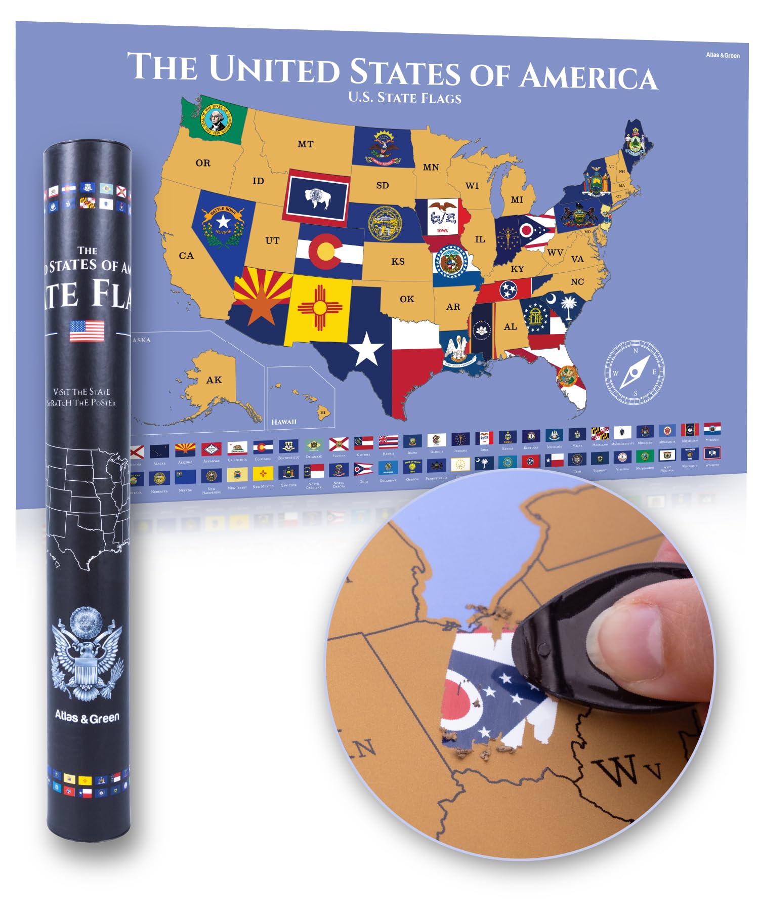Atlas & Green Scratch Off US Map. Large Scratch Off Travel Map for States Visited
