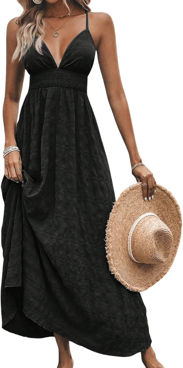 Milumia Womens Summer Smocked Cami Maxi Dress V Neck