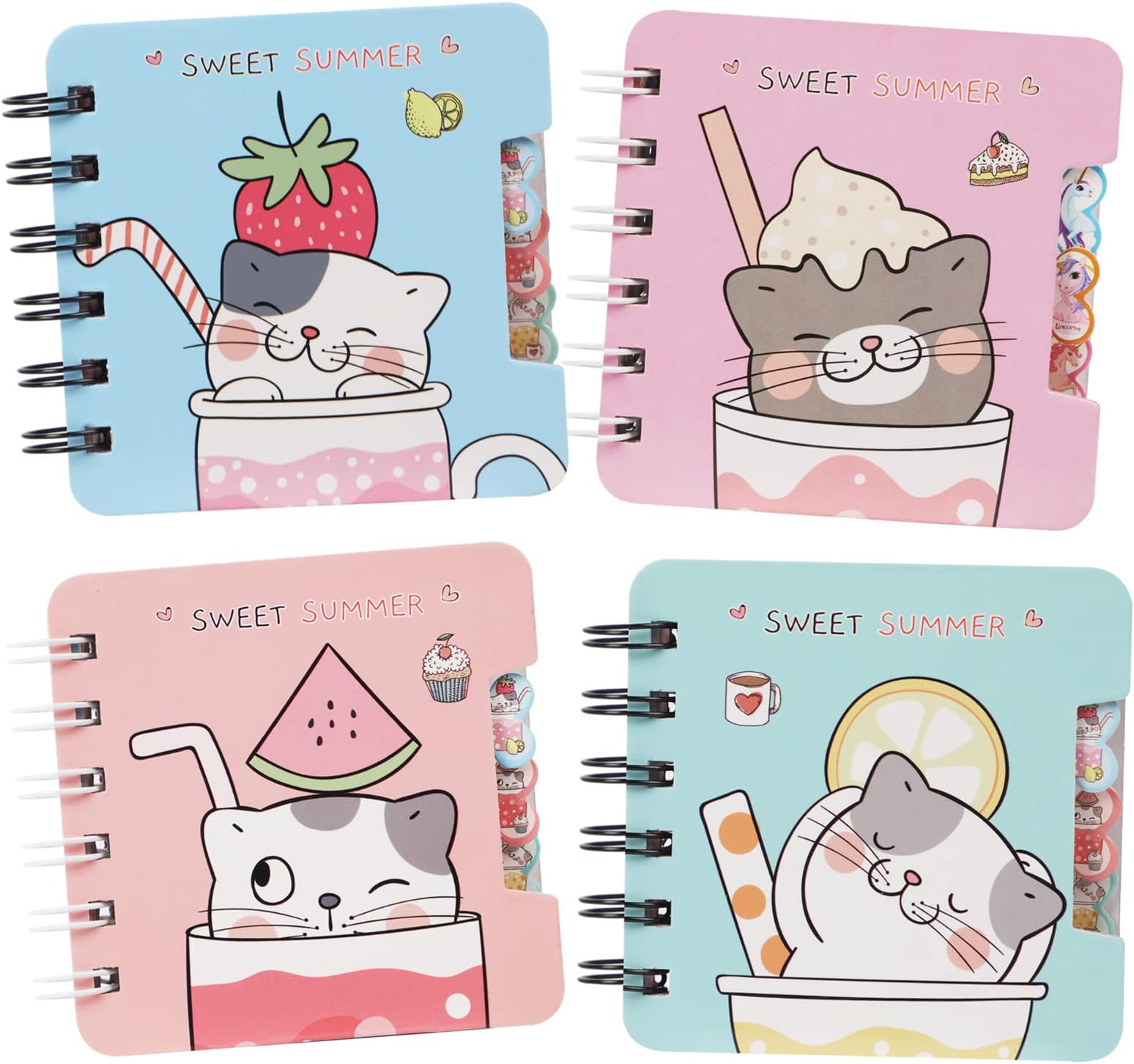 A7 Mini Pocket Notebook, Cute Cat Spiral Lined Notebook, Kawaii Notepad Set for Kids, Little Girls, 4 Pack