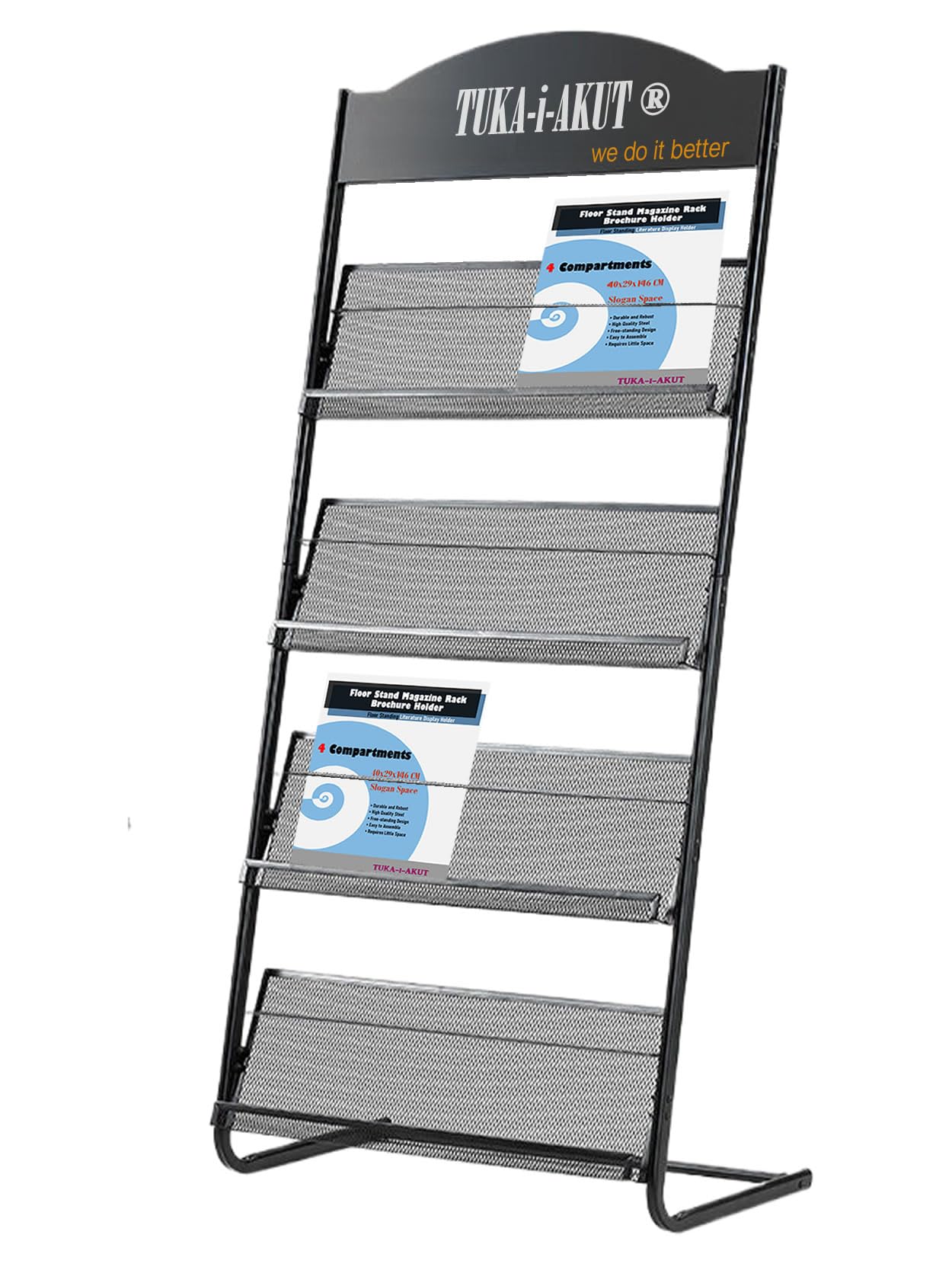 TUKA-i-AKUT Soporte para Revistas Suelo Expositor de Pie para Folletos, 4 Estantes Revistero para Presentación de Literatura Portafolletos Catálogos, Soporte de Acero, 40x29x146CM TKD8687